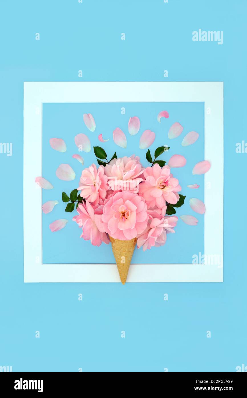 Fantasy surreal summer rose flower ice cream cone concept . Minimal art ...