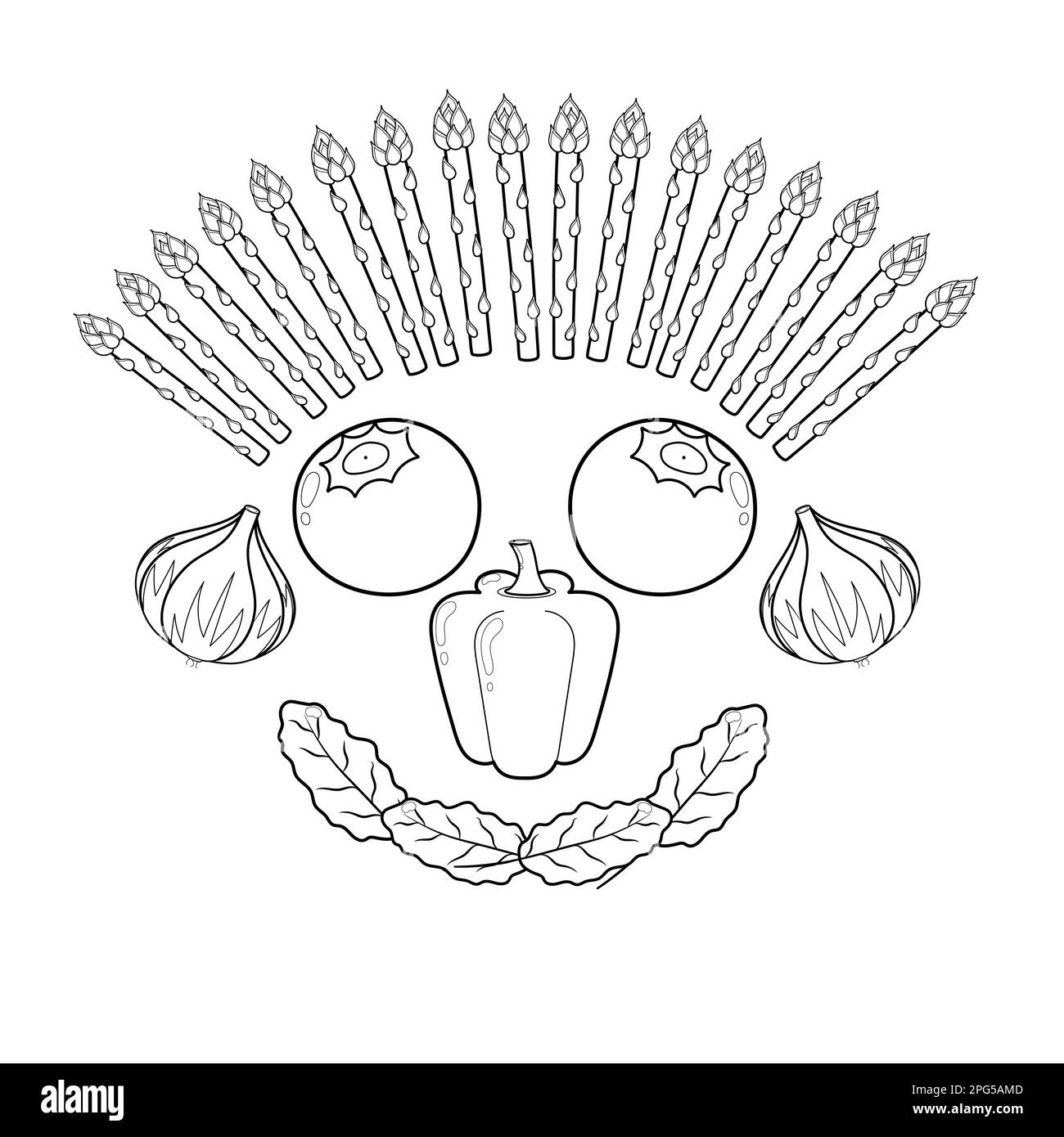 Black and white fruit and vegetable face. Funny healthy coloring page head Stock Vector