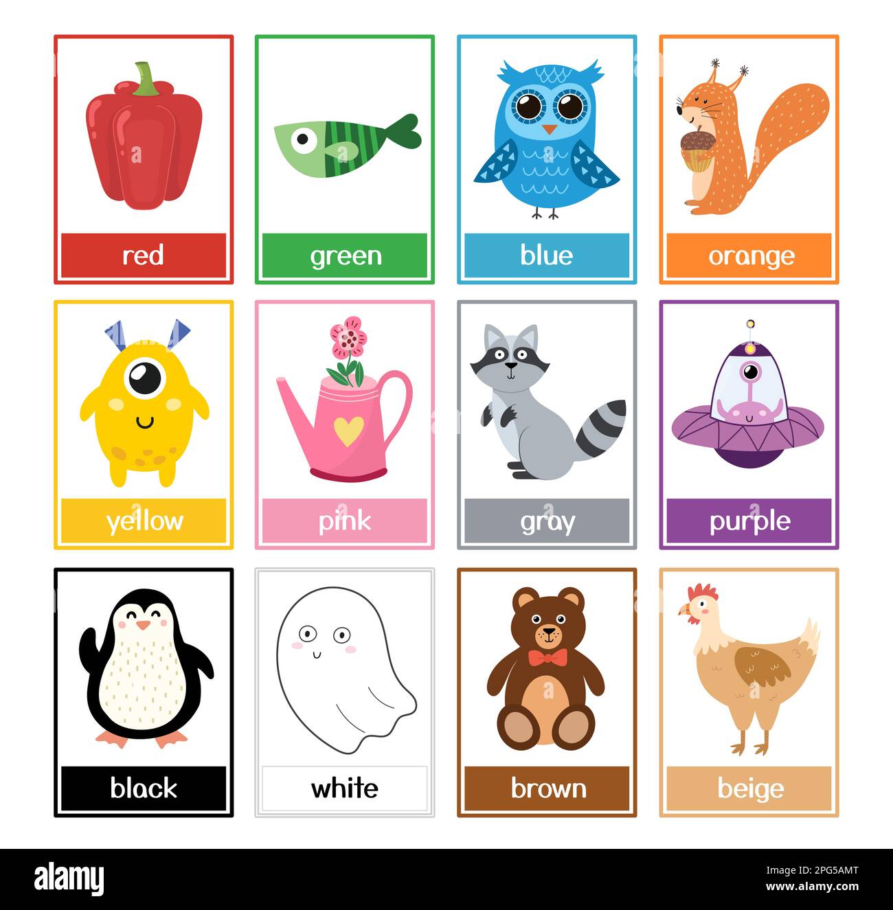 Color flashcards collection with cute animals. Color names and pictures