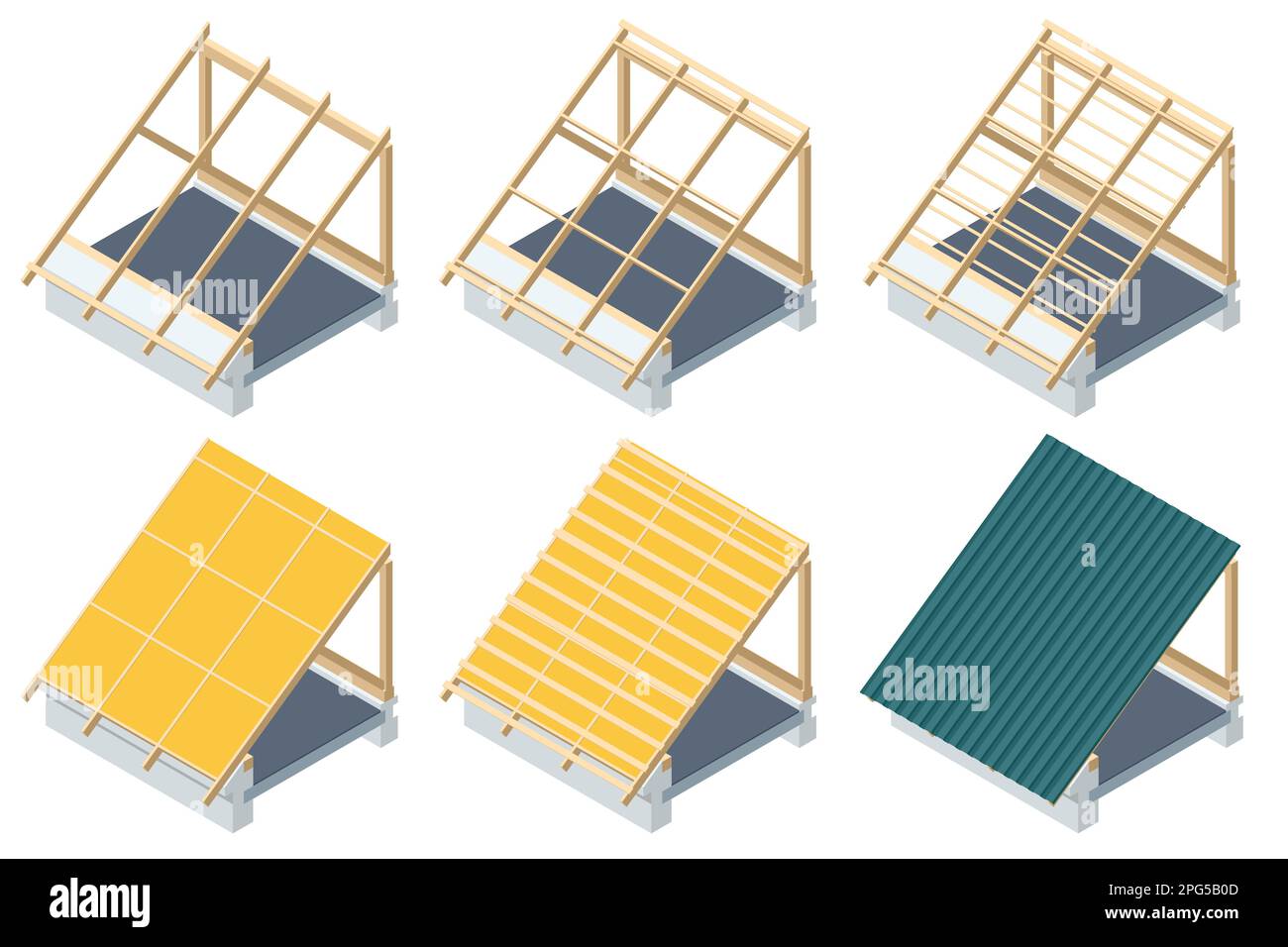 Isometric roofing construction. Concept of residential building under