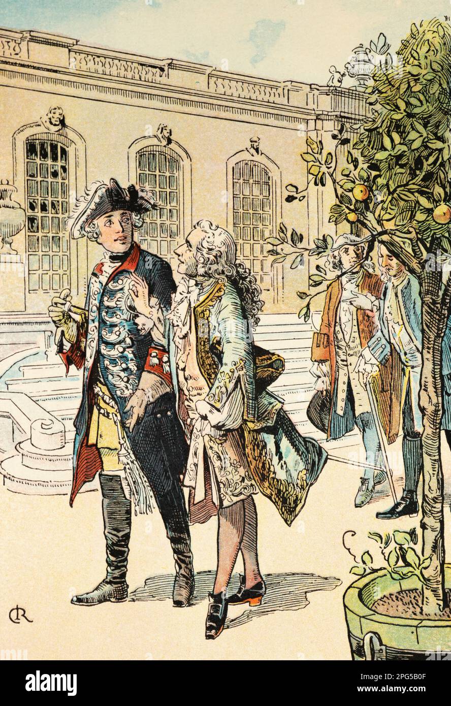 Frederick II the Great talking to phlosopher Voltaire in Sanssouci Castle Gardens, history of the Hohenzollern, Potsdam, Prussia, illustration 1899 Stock Photo