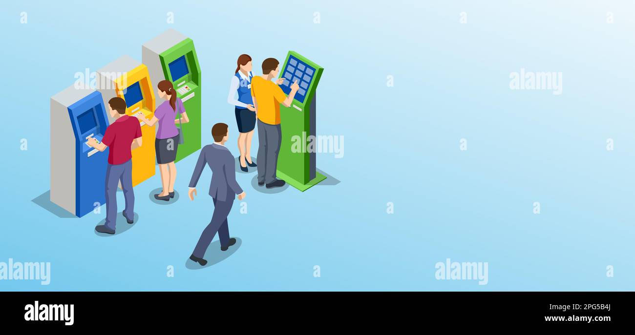 Isometric man waiting for the credit card inserting from ATM Machine. ATM service machine of a bank. Automated teller machine. Stock Vector