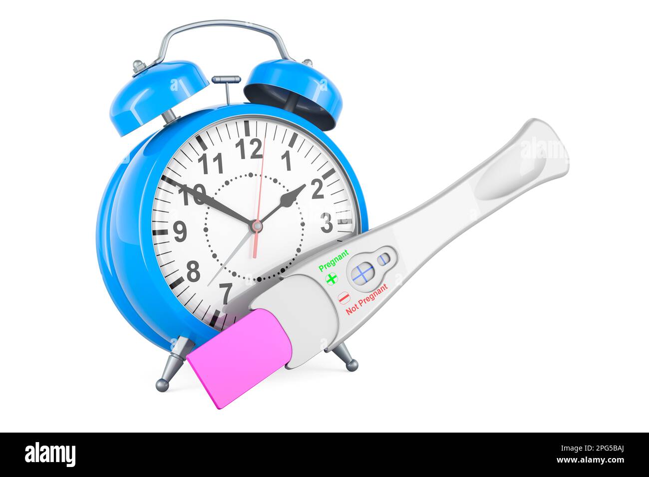 Pregnancy test positive with alarm clock, 3D rendering isolated on