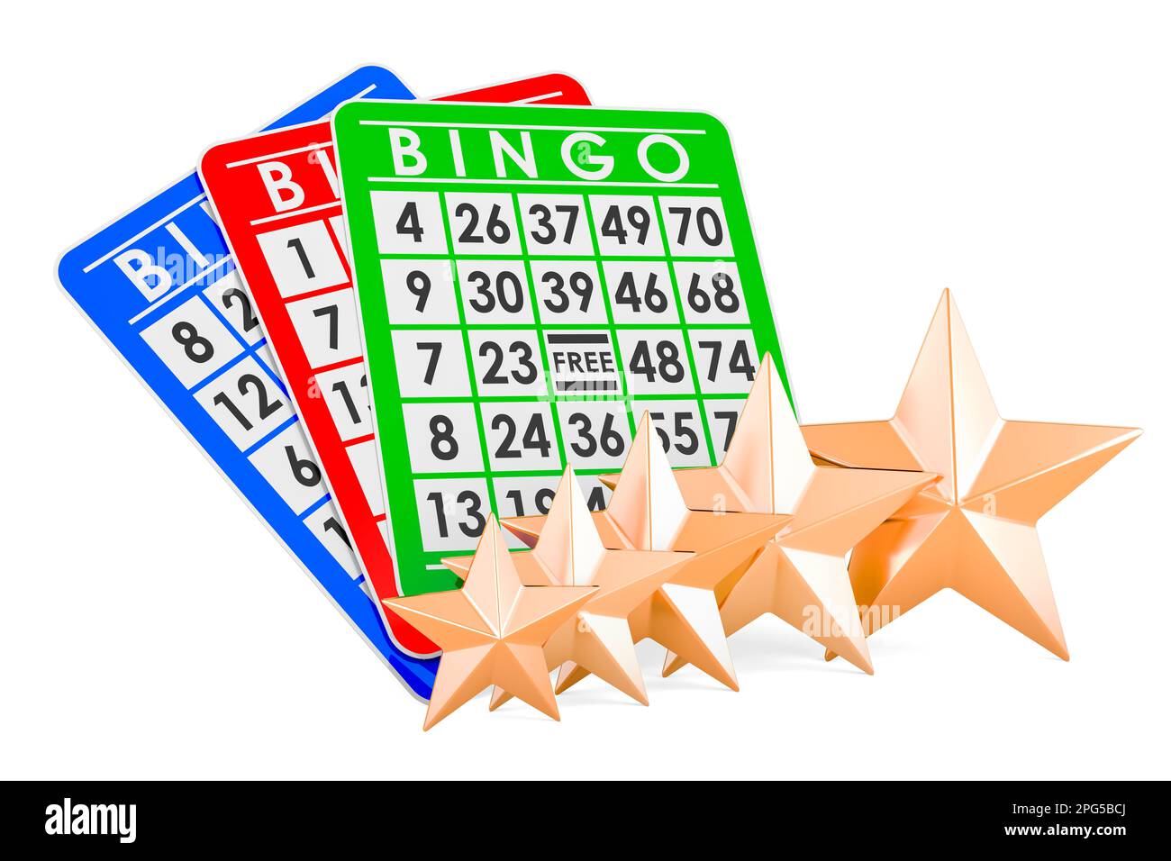 Bingo cards with five golden stars. Customer rating, 3D rendering