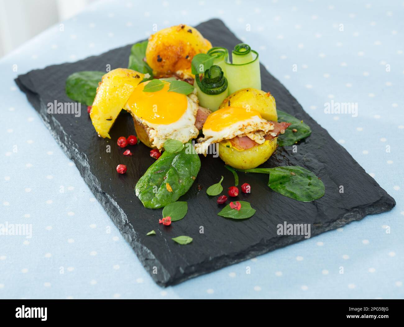 Potato burgers with quail egg Stock Photo