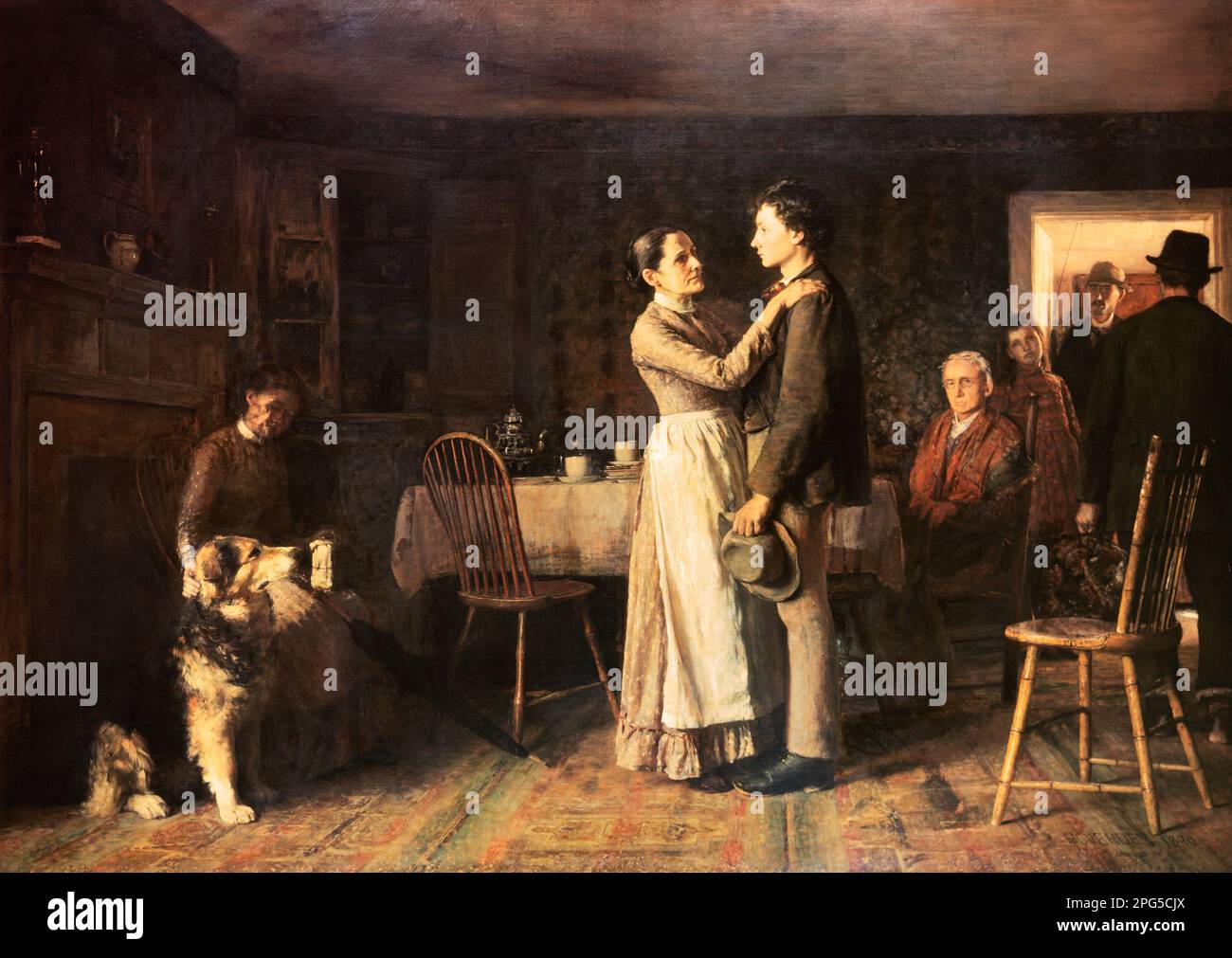 1800s 1890s BREAKING HOME TIES PAINTING BY THOMAS HOVENDEN MOTHER SADLY SAYING GOODBYE TO HER SON  - ka9266 SPL001 HARS OLD TIME FUTURE NOSTALGIA OLD FASHION 1 THOMAS JUVENILE YOUNG ADULT SONS FAMILIES LIFESTYLE FEMALES RURAL SAYING HOME LIFE UNITED STATES COPY SPACE FULL-LENGTH LADIES PERSONS UNITED STATES OF AMERICA CARING MALES EMBRACING MIDDLE-AGED 1800s AGRICULTURE SADNESS NORTH AMERICA MIDDLE-AGED MAN NORTH AMERICAN BREAKING MIDDLE-AGED WOMAN PA PROGRESS DEPARTING FAREWELL TIES LEAVING HOME 1890 GROWTH JUVENILES MOMS THOMAS HOVENDEN YOUNG ADULT MAN CAUCASIAN ETHNICITY OLD FASHIONED SADLY Stock Photo