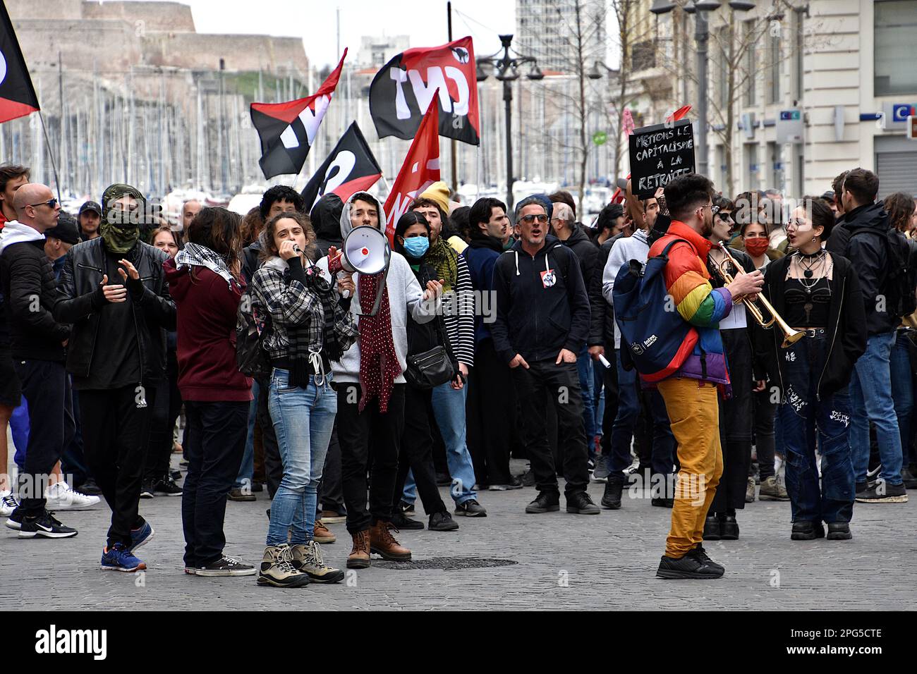 Marseille, France. 18th Mar, 2023. Protesters chant slogans during the demonstration. People took part in a demonstration, unauthorized by the prefecture, to protest against the pension reform wanted by the French government which would raise the retirement age from 62 to 64. (Photo by Gerard Bottino/SOPA Images/Sipa USA) Credit: Sipa USA/Alamy Live News Stock Photo