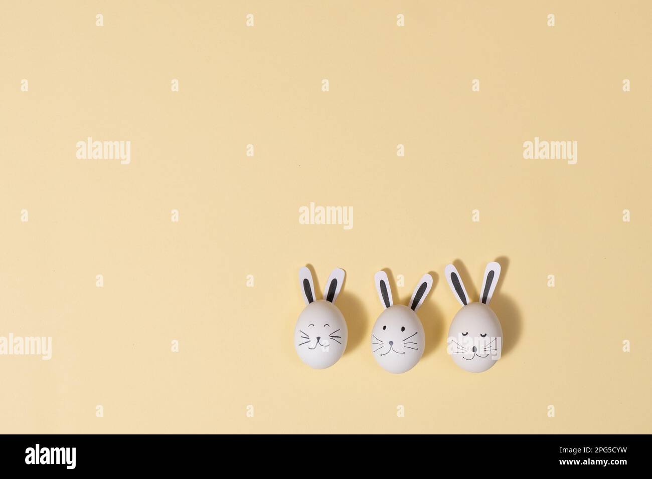 cute easter bunny eggs, funny decoration, top view Stock Photo