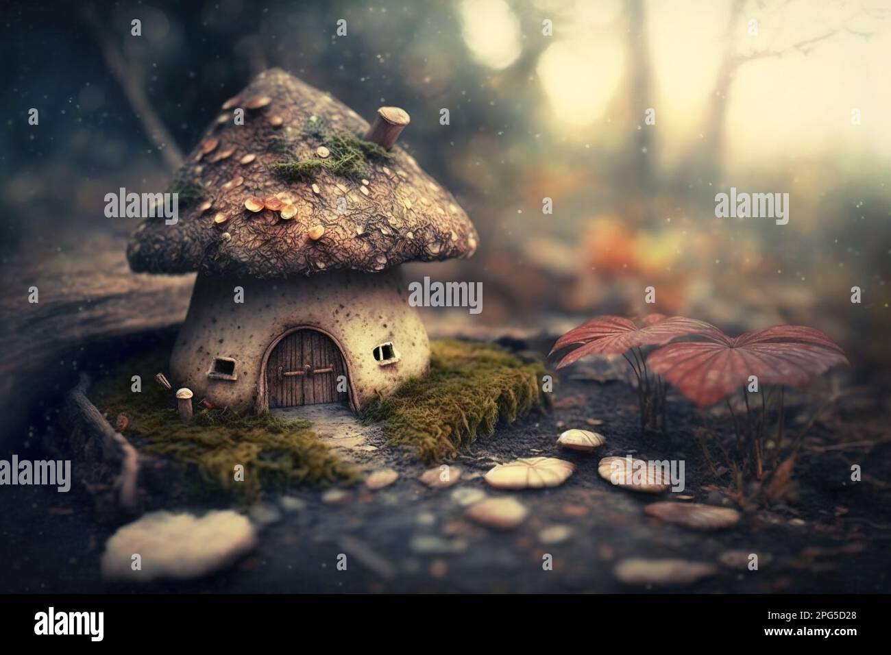 Fantasy home of tiny wood dweller, macro view of fairy tale hut