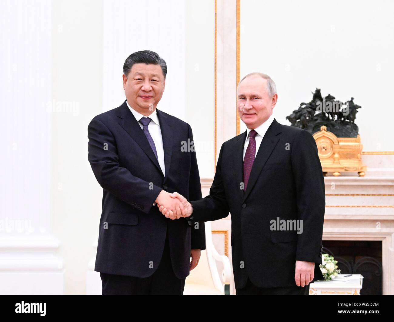 Moscow, Russia. 20th Mar, 2023. Chinese President Xi Jinping meets with Russian President Vladimir Putin at the Kremlin on his arrival in Moscow, Russia, March 20, 2023. Credit: Shen Hong/Xinhua/Alamy Live News Stock Photo