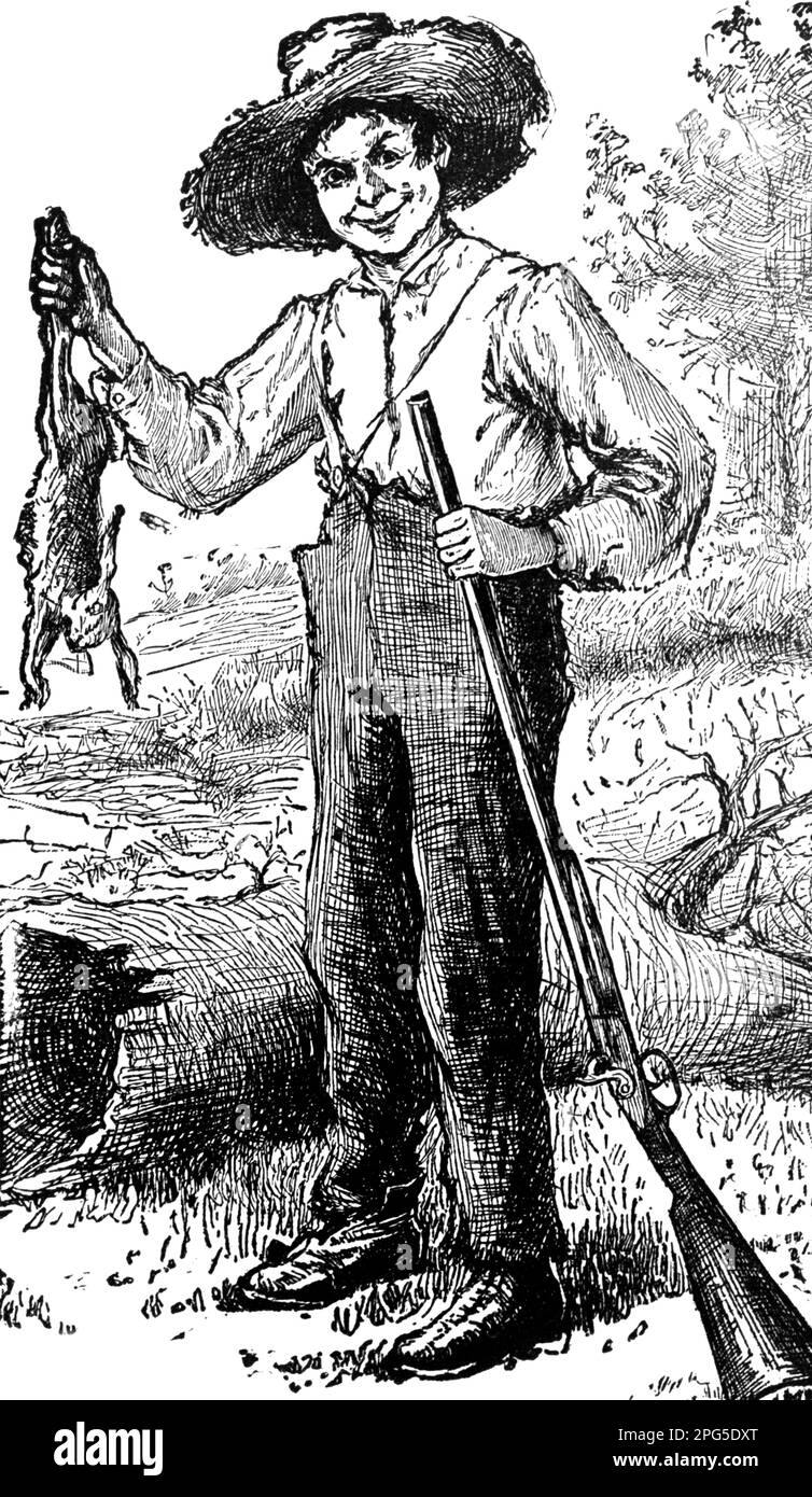 1880s MARK TWAIN'S CHARACTER HUCKLEBERRY FINN HOLDING RIFLE AND RABBIT ILLUSTRATION INTRODUCED IN ADVENTURES OF TOM SAWYER 1876 - q59429 CPC001 HARS SMILES 1870s 1880s FRIENDLY JOYFUL RAGGED TATTERED DISADVANTAGED FINN ADVENTURES HUCKLEBERRY APPEARED CREATED DESTITUTE FICTIONAL IMPOVERISHED INTRODUCED MARK MARK TWAIN SAMUEL CLEMENS VAGABOND 1876 1884 BLACK AND WHITE CAUCASIAN ETHNICITY INNOCENT LITERARY CHARACTER OLD FASHIONED Stock Photo