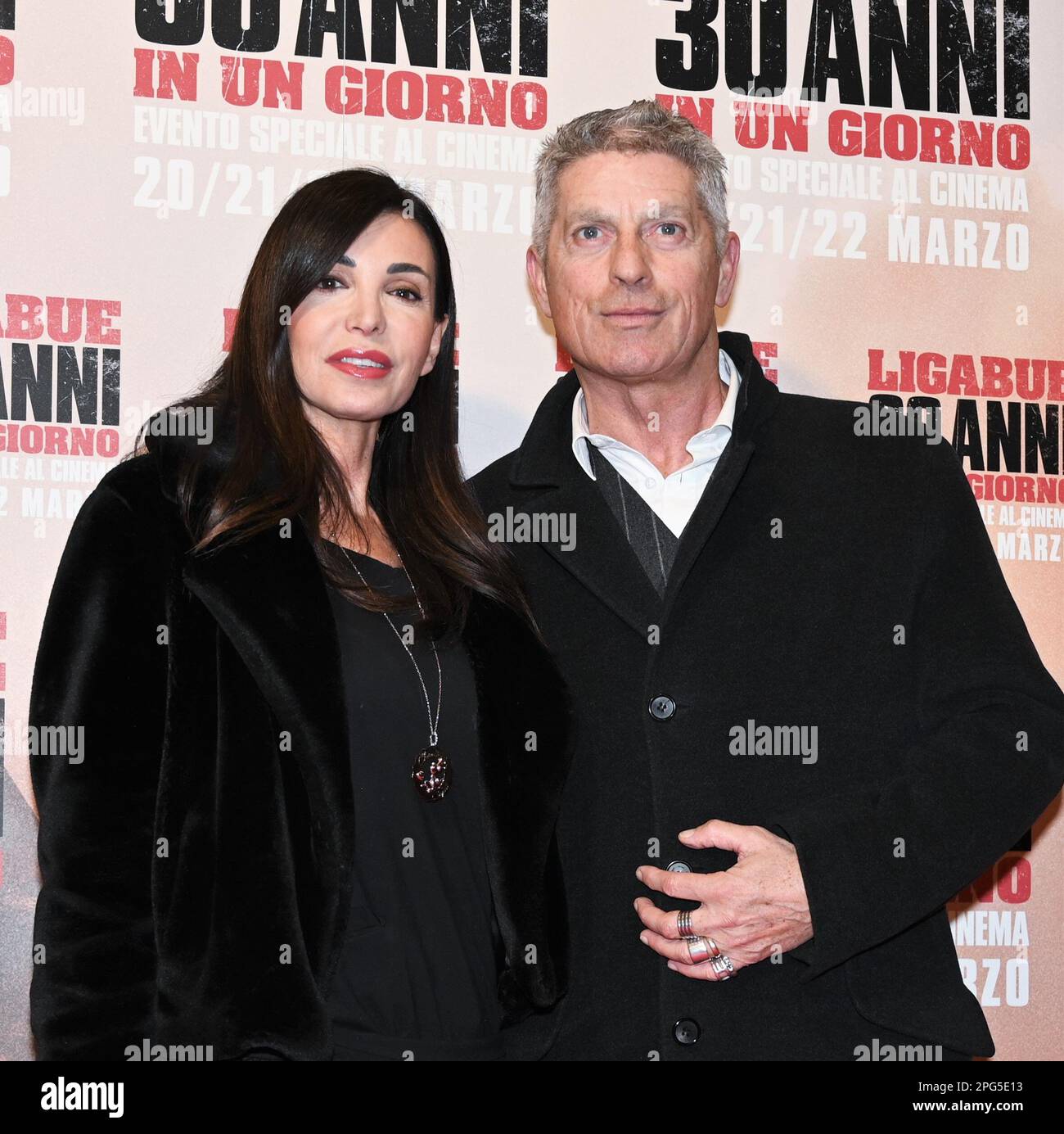 Milan, Italy. 20th Mar, 2023. Milan, Italy Ligabue 30 Years in one day the film by director Marco Salom with Luciano Ligabue. Film-backstage that tells an entire career starting from the triumphal day of Campovolo. In the picture: Giorgio Restelli, Sara Testa Credit: Independent Photo Agency/Alamy Live News Stock Photo