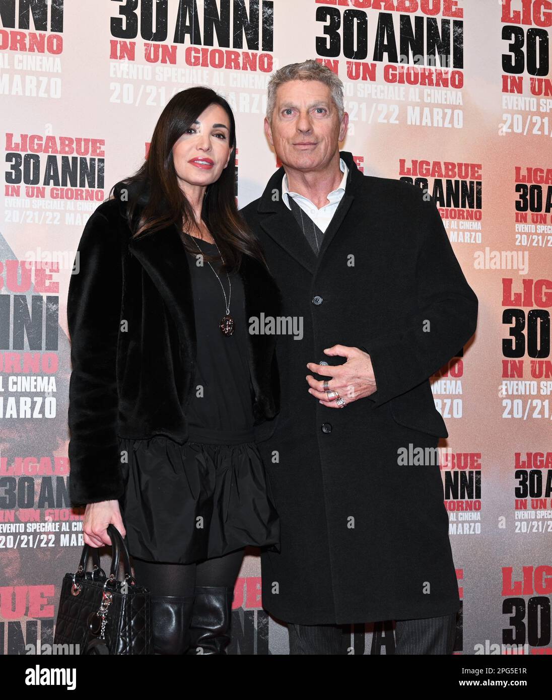 Milan, Italy. 20th Mar, 2023. Milan, Italy Ligabue 30 Years in one day the film by director Marco Salom with Luciano Ligabue. Film-backstage that tells an entire career starting from the triumphal day of Campovolo. In the picture: Giorgio Restelli, Sara Testa Credit: Independent Photo Agency/Alamy Live News Stock Photo