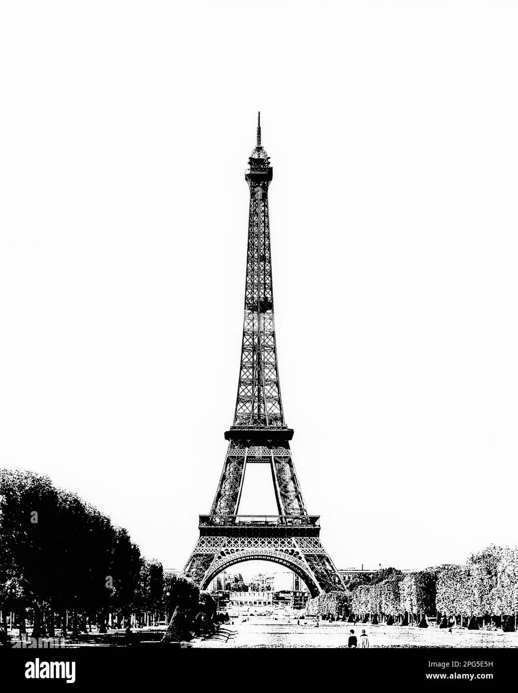 1970s HIGH CONTRAST ILLUSTRATION OF EIFFEL TOWER NORTH OF CHAMP DE MARS BUILT IN 1889 AS ENTRANCE TO WORLD’S FAIR PARIS FRANCE  - r23331 HAR001 HARS STRUCTURE ADVENTURE EUROPEAN PROPERTY WORLD'S EXTERIOR 1889 PRIDE REAL ESTATE CONCEPT LATTICE CONCEPTUAL DE STRUCTURES CONTRAST CULTURAL ICON EDIFICE CHAMP CHAMP DE MARS SYMBOLIC ALEXANDRE GUSTAVE EIFFEL BUILT CONCEPTS MARS TOURIST ATTRACTION BLACK AND WHITE EIFFEL TOWER HAR001 ICONIC LANDMARK OLD FASHIONED POSTERIZED REPRESENTATION Stock Photo