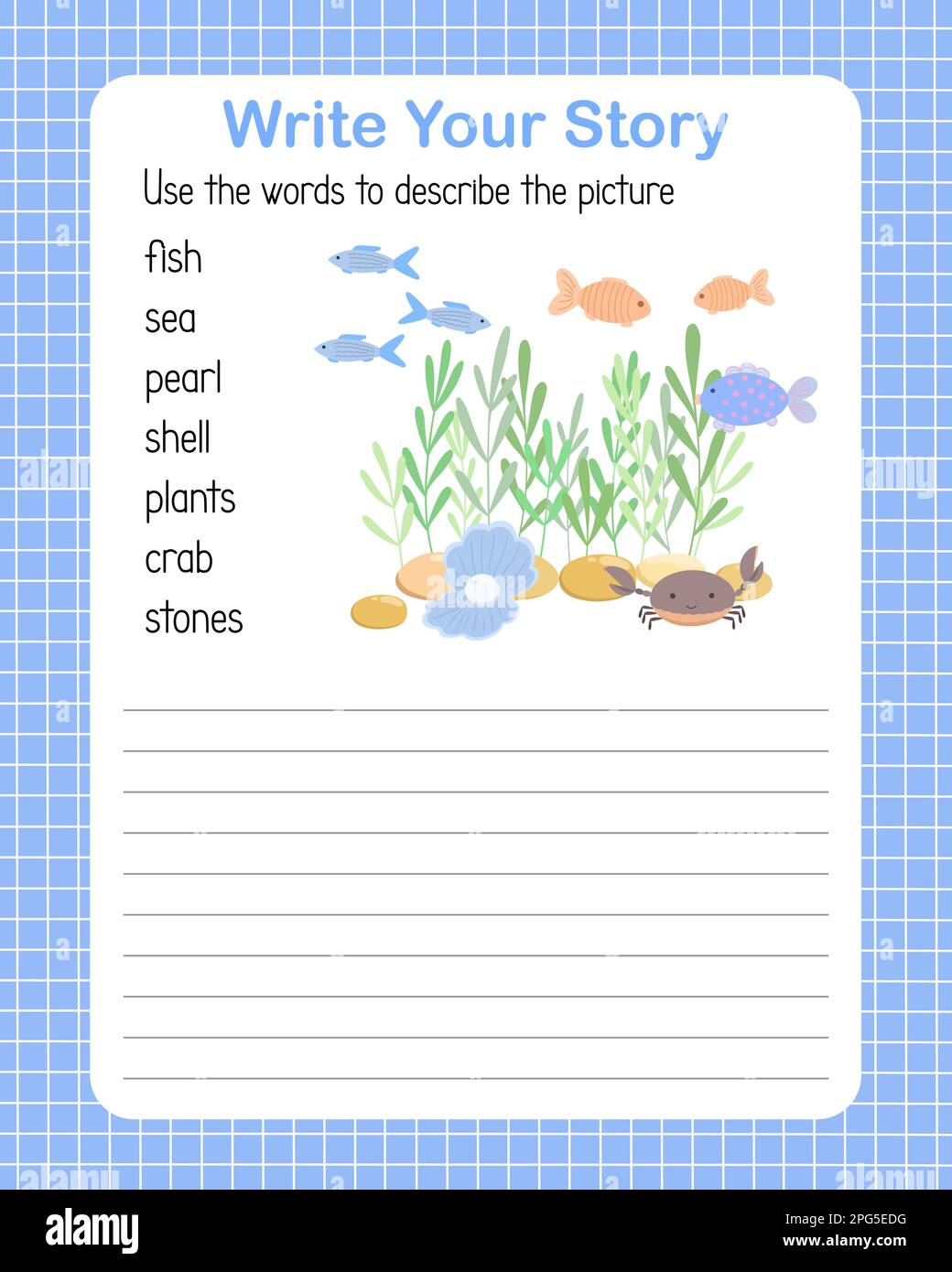 Write a story the English language grammar elementary level for kids, learning concept vector illustration, educational worksheet describe a picture using topical vocabulary words Under the sea Stock Vector