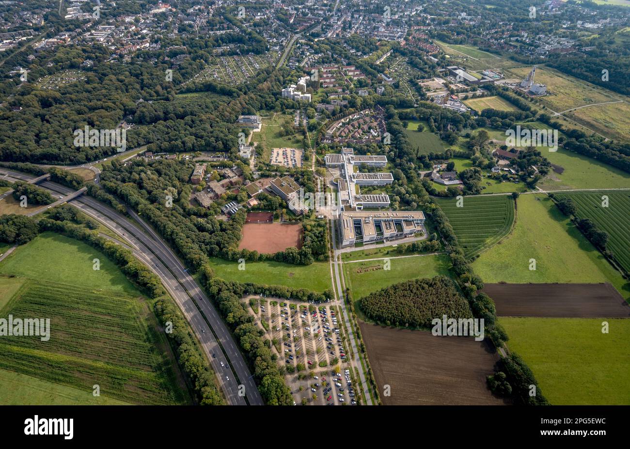 Aerial view, Westphalian College and Hans-Schwier-Berufskolleg in the district of Buer in Gelsenkirchen, Ruhr area, North Rhine-Westphalia, Germany, v Stock Photo