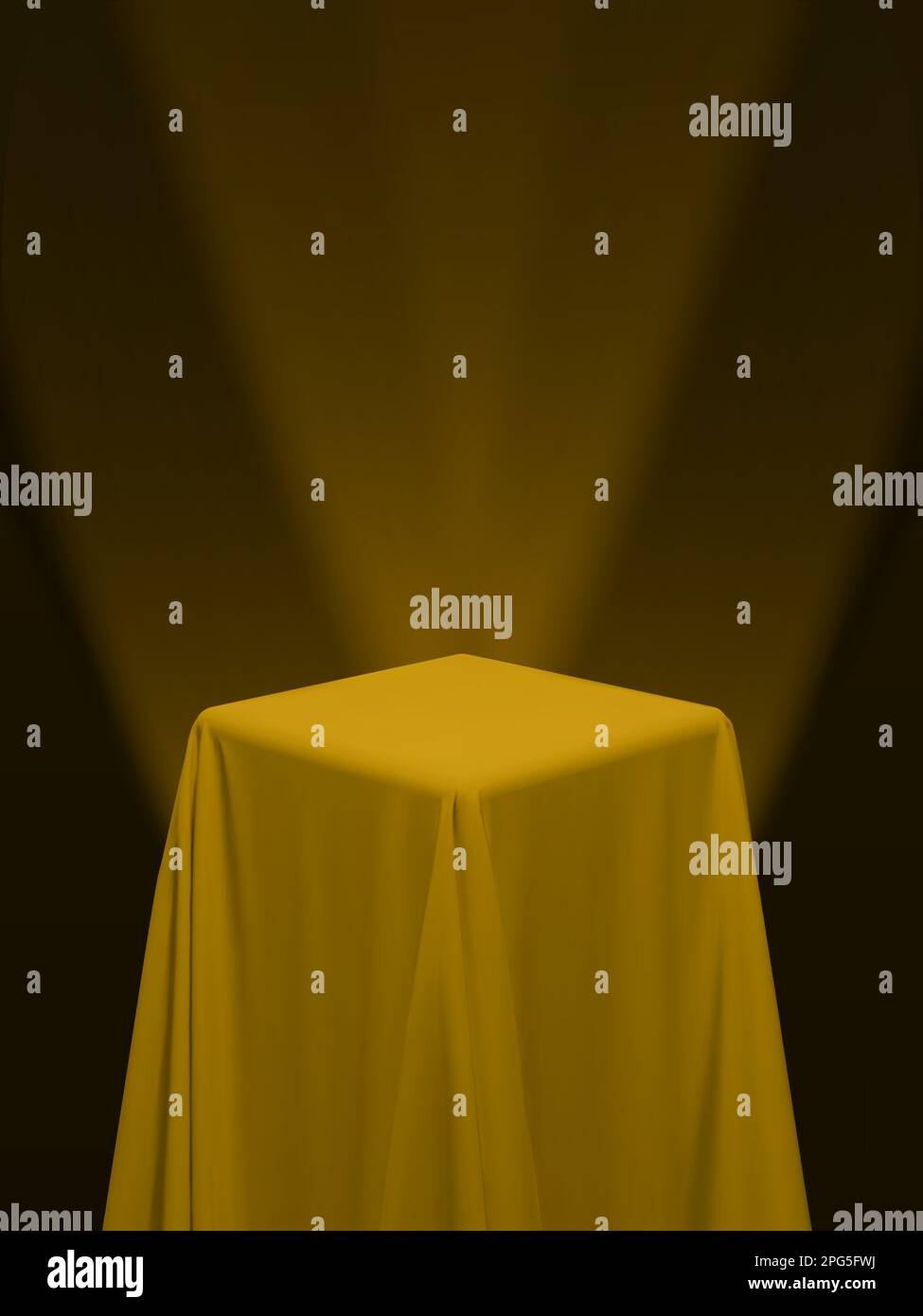 Yellow fabric covering a cube or a table, with red background and stage
