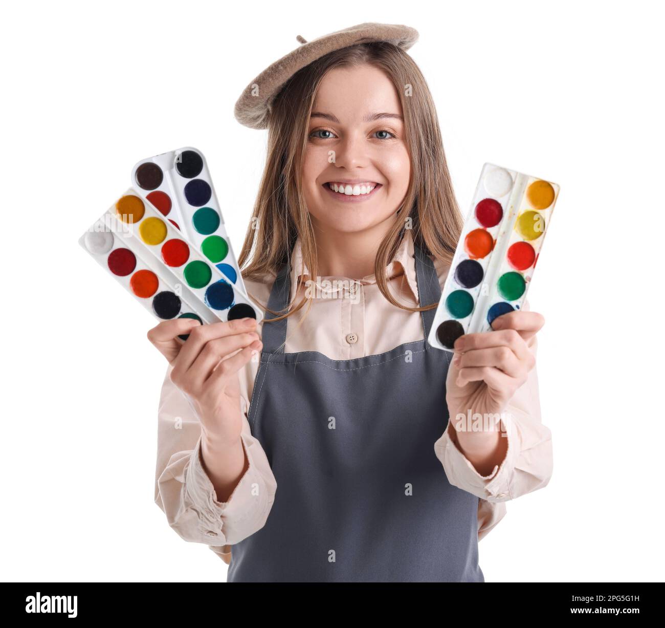 Drawing teacher in beret with paints on white background Stock Photo