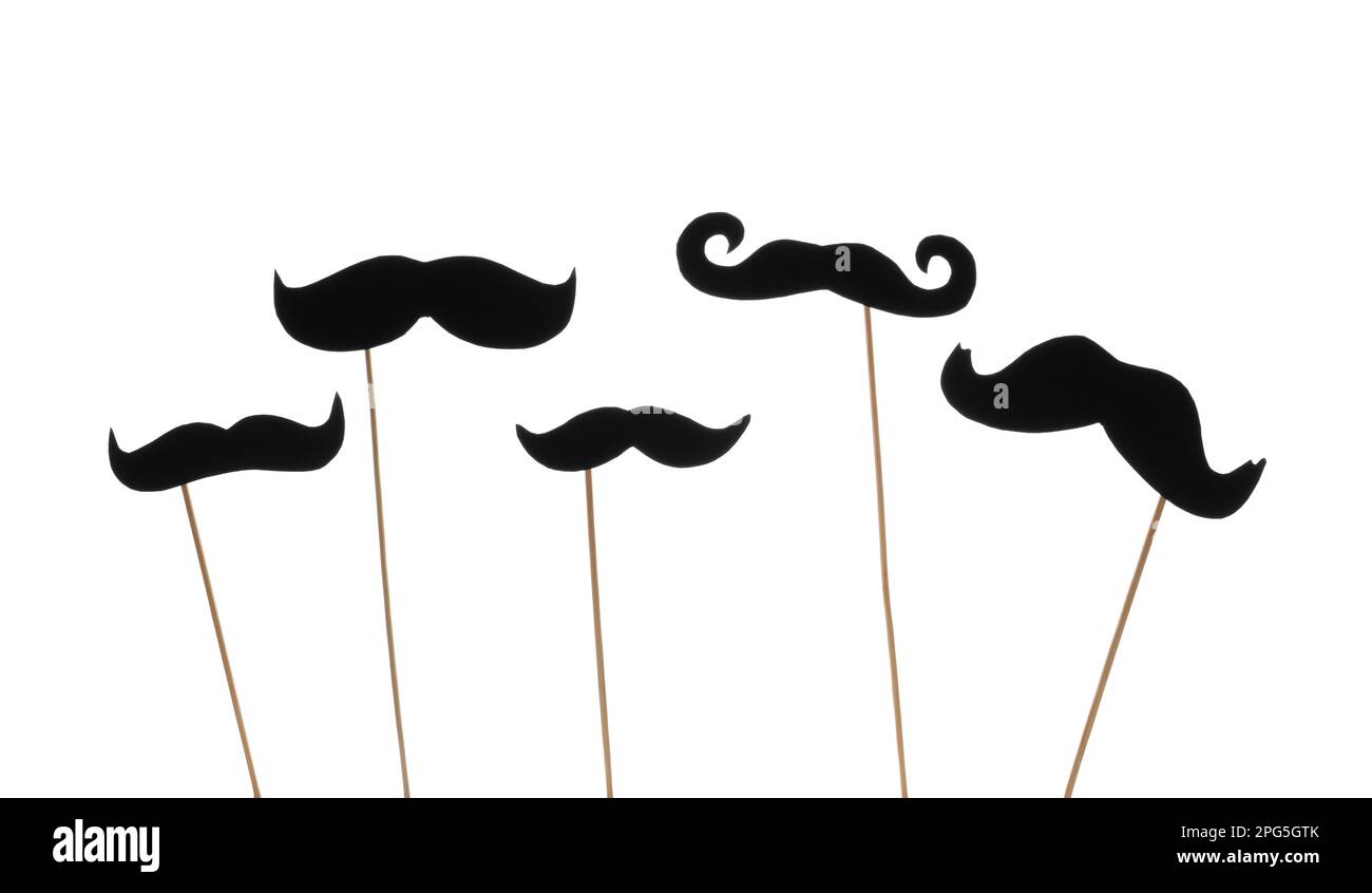 Set of different paper mustaches on wooden sticks against white