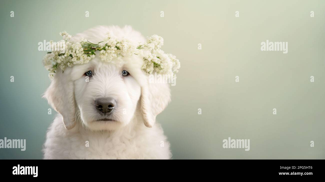 Cute white puppy with a wreath of white flowers, portrait. Template for postcard, layout with copy space Stock Photo