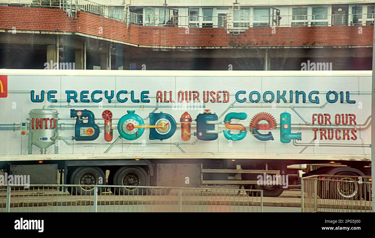 Advertising on trailer of McDonalds lorry truck cooking oil recycling into BioDiesel Stock Photo