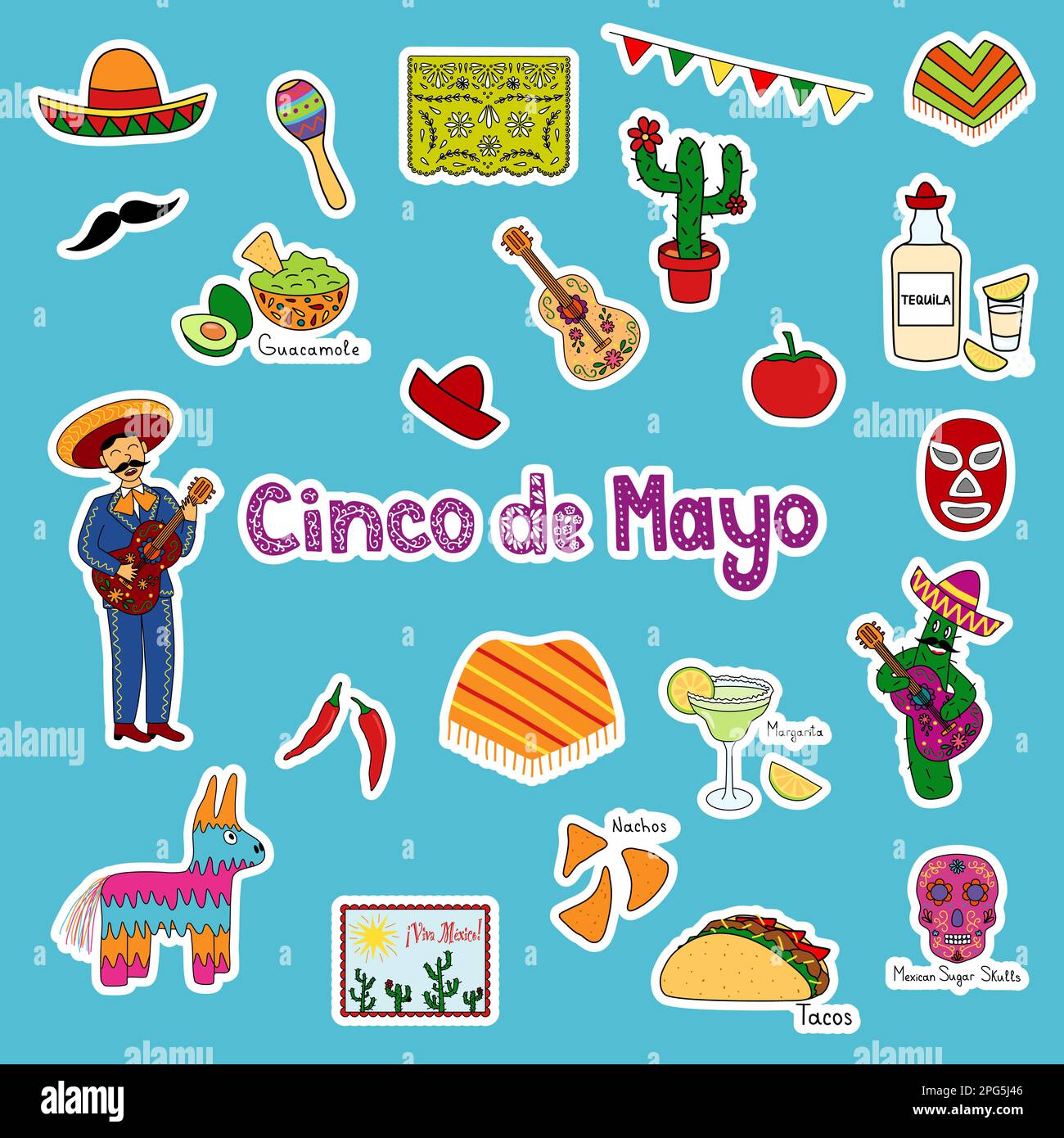 Cinco de Mayo sticker set, festive graphics for flyers, banners and social media posts ideal for Mexican themed parties, vector illustration Stock Vector