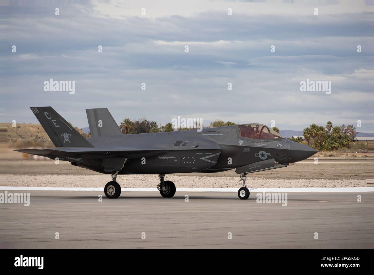U.S. Marine Corps Maj. Michael Frazer, pilot, Marine Fighter Attack  Squadron 502 (VMFA-502), rehearses in an F-35B Lightning II for the Marine  Corps Air Station, Yuma Airshow at the installation, Arizona, March