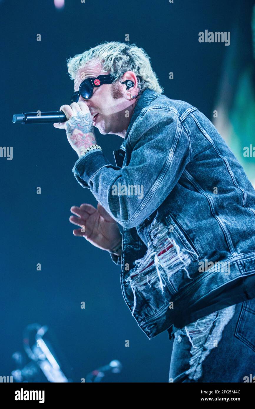 Milan Italy. 20 March 2023. The Italian rapper and actor Maurizio Pisciottu known professionally as SALMO performs live on stage at Mediolanum Forum during the 'Flop Tour 2023'. Stock Photo