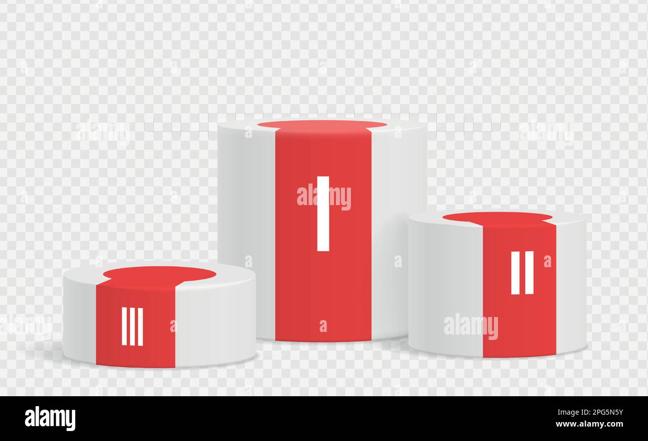 Winner pedestal. White cylinder podium with red carpet realistic mockup ...