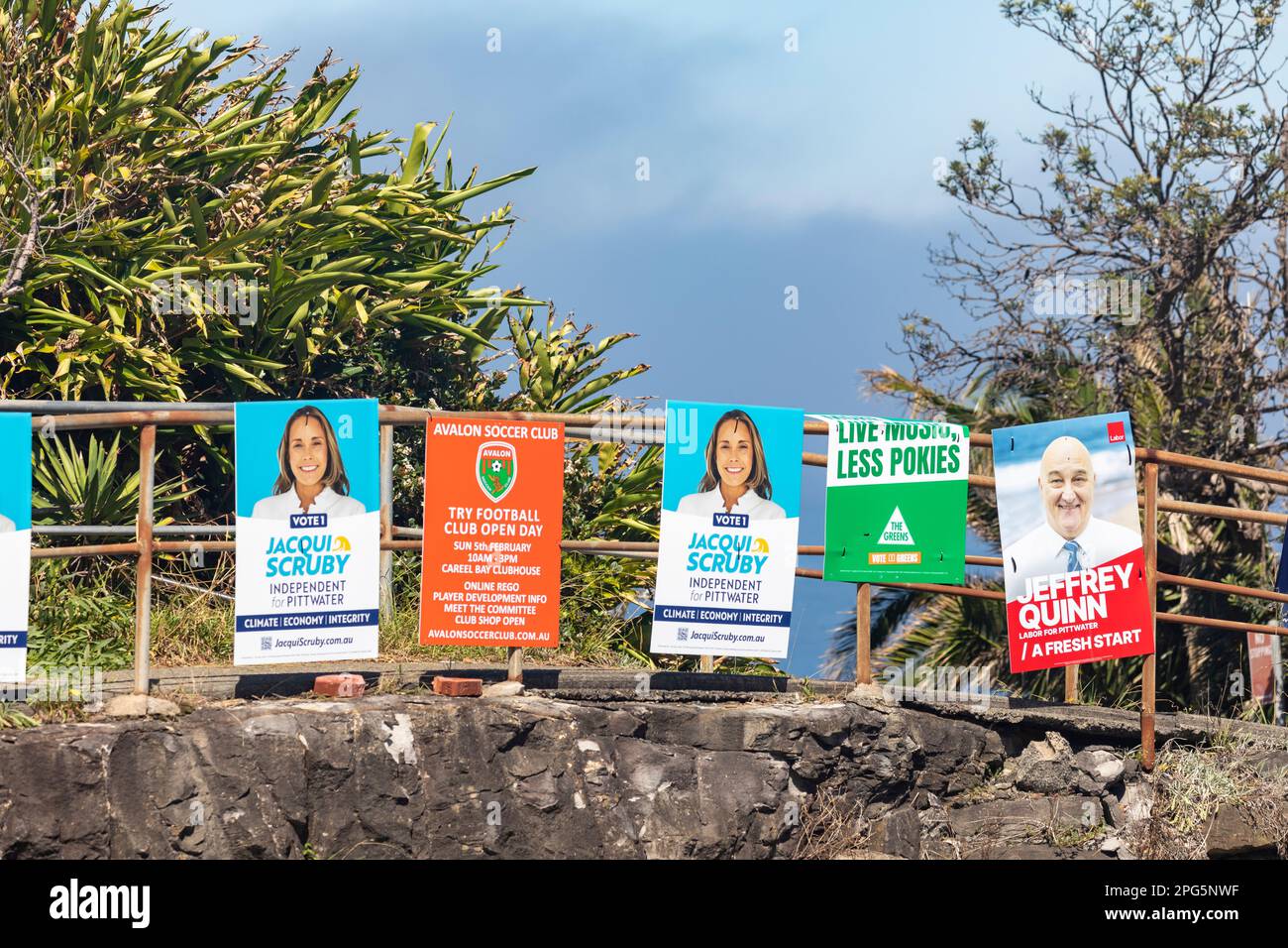 New South Wales State election 2023, political candidates in Pittwater Sydney promote their campaign with placards and posters, Labour, Liberal Greens Stock Photo