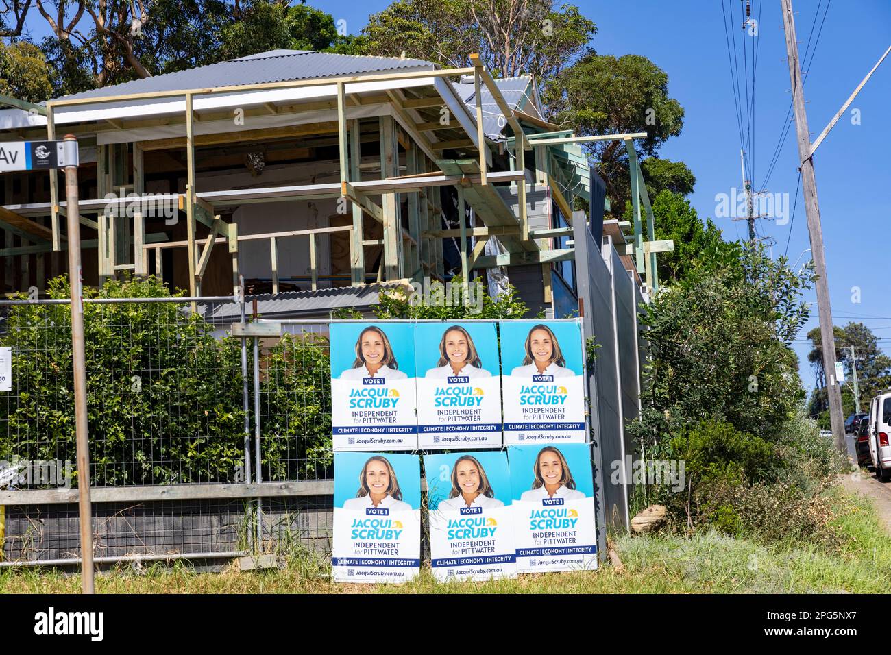 New South Wales State election 2023, political candidates in Pittwater Sydney promote their campaign with placards and posters Stock Photo