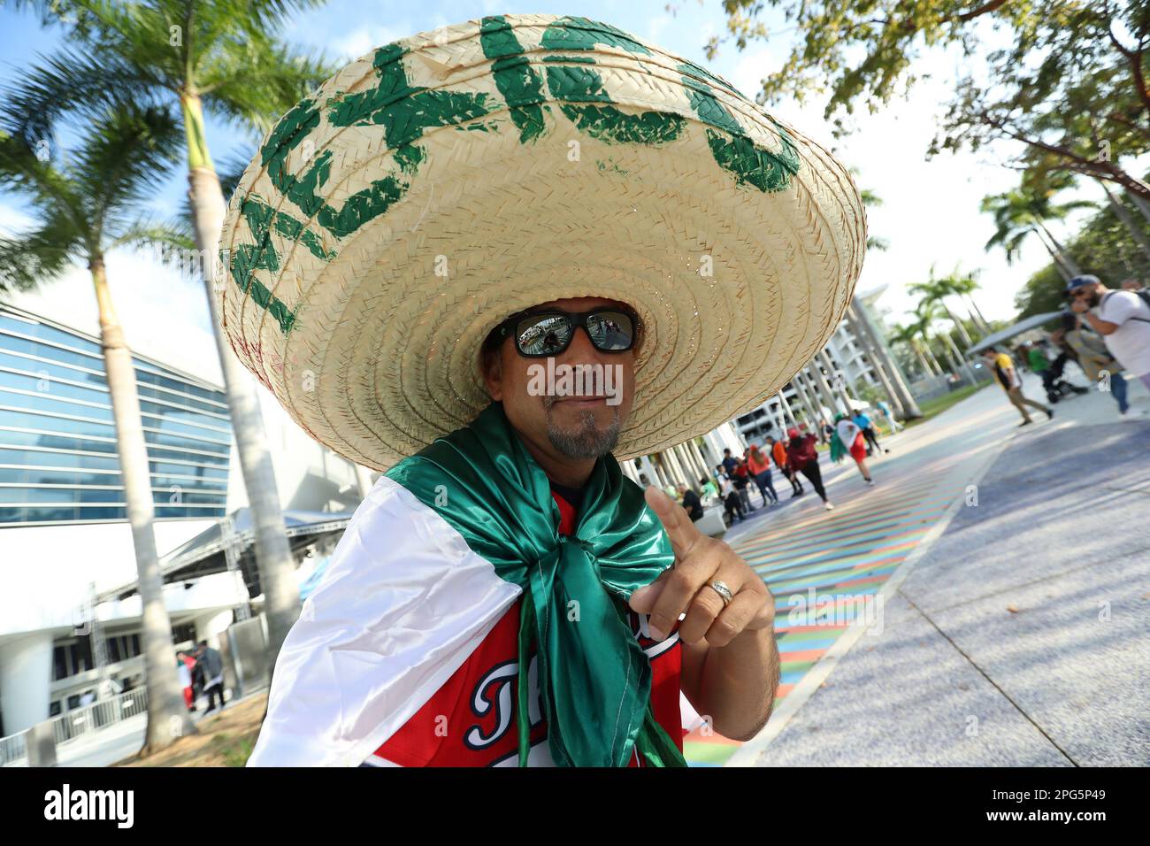 Miami, United States. 20th Mar, 2023. A Mexico baseball fan poses for a photo prior to the 2023 World Baseball Classic semifinal game between Japan and Mexico in Miami, Florida on Monday, March 20, 2023. Photo by Aaron Josefczyk/UPI Credit: UPI/Alamy Live News Stock Photo