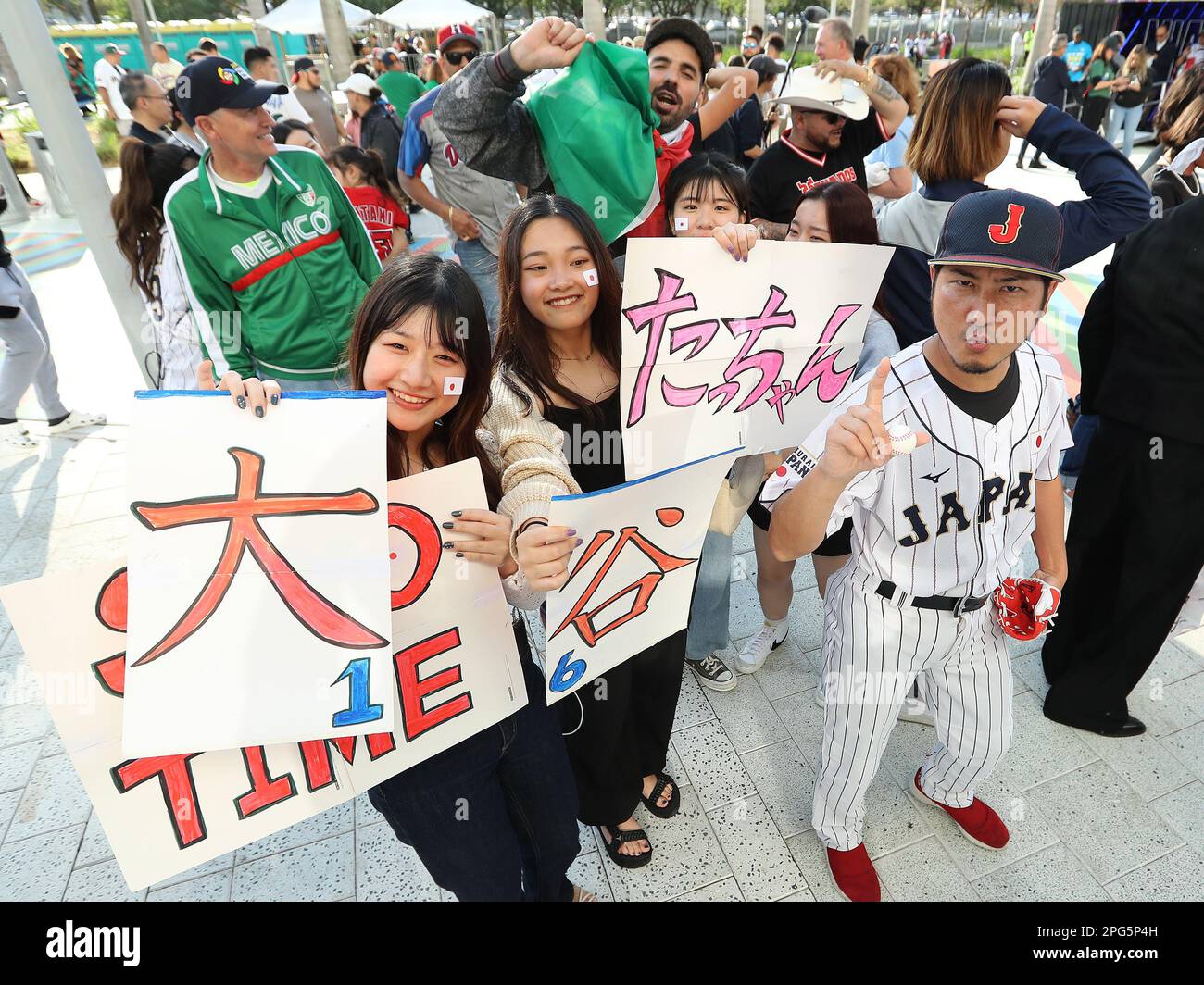 Miami, United States. 20th Mar, 2023. Japanese baseball fans pose for a photo prior to the 2023 World Baseball Classic semifinal game between Japan and Mexico in Miami, Florida on Monday, March 20, 2023. Photo by Aaron Josefczyk/UPI Credit: UPI/Alamy Live News Stock Photo