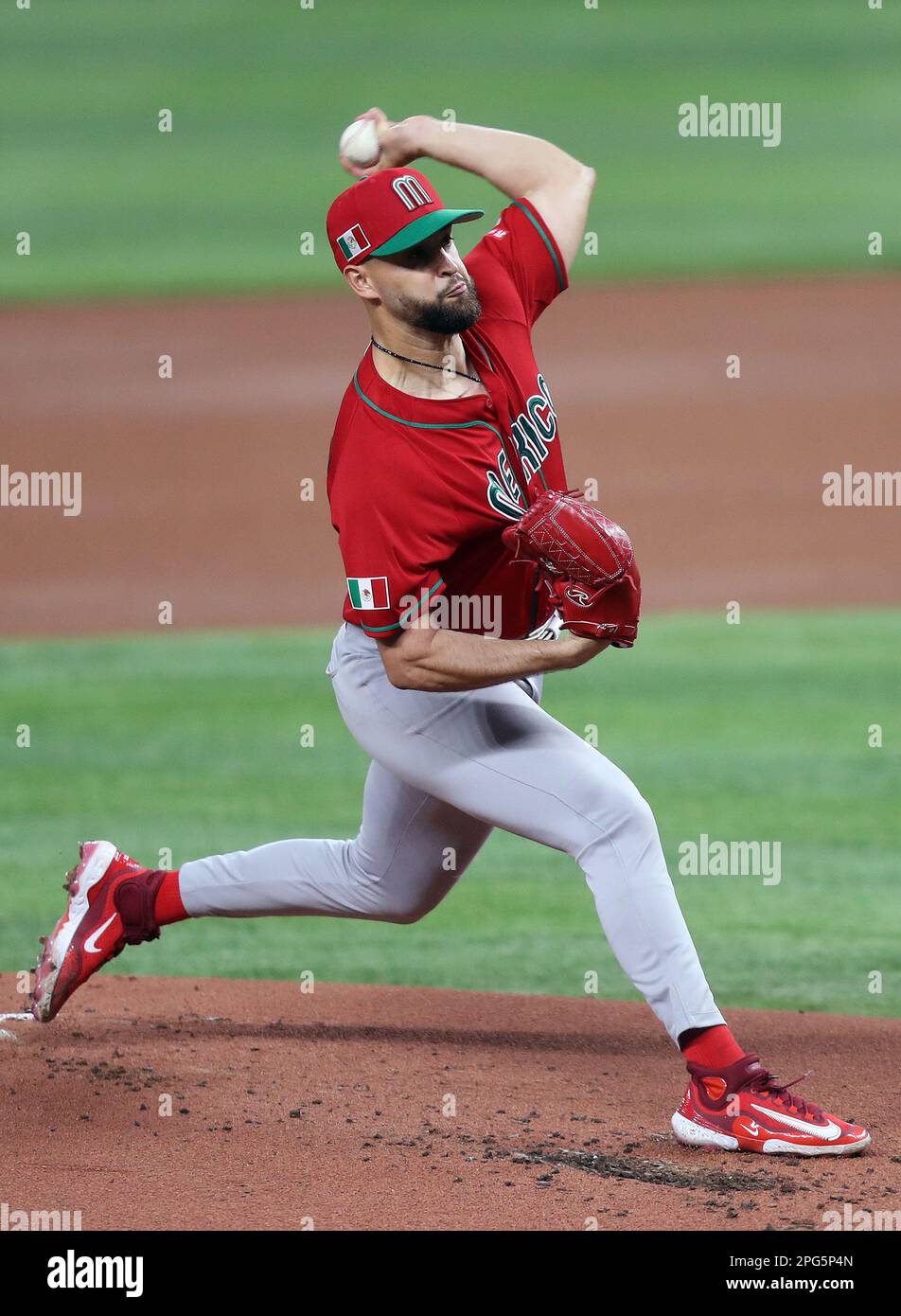 Miami, United States. 20th Mar, 2023. Mexico starting pitcher, Patrick Sandoval (43) throws in the first inning of the 2023 World Baseball Classic semifinal game against Japan in Miami, Florida on Monday, March 20, 2023. Photo by Aaron Josefczyk/UPI Credit: UPI/Alamy Live News Stock Photo