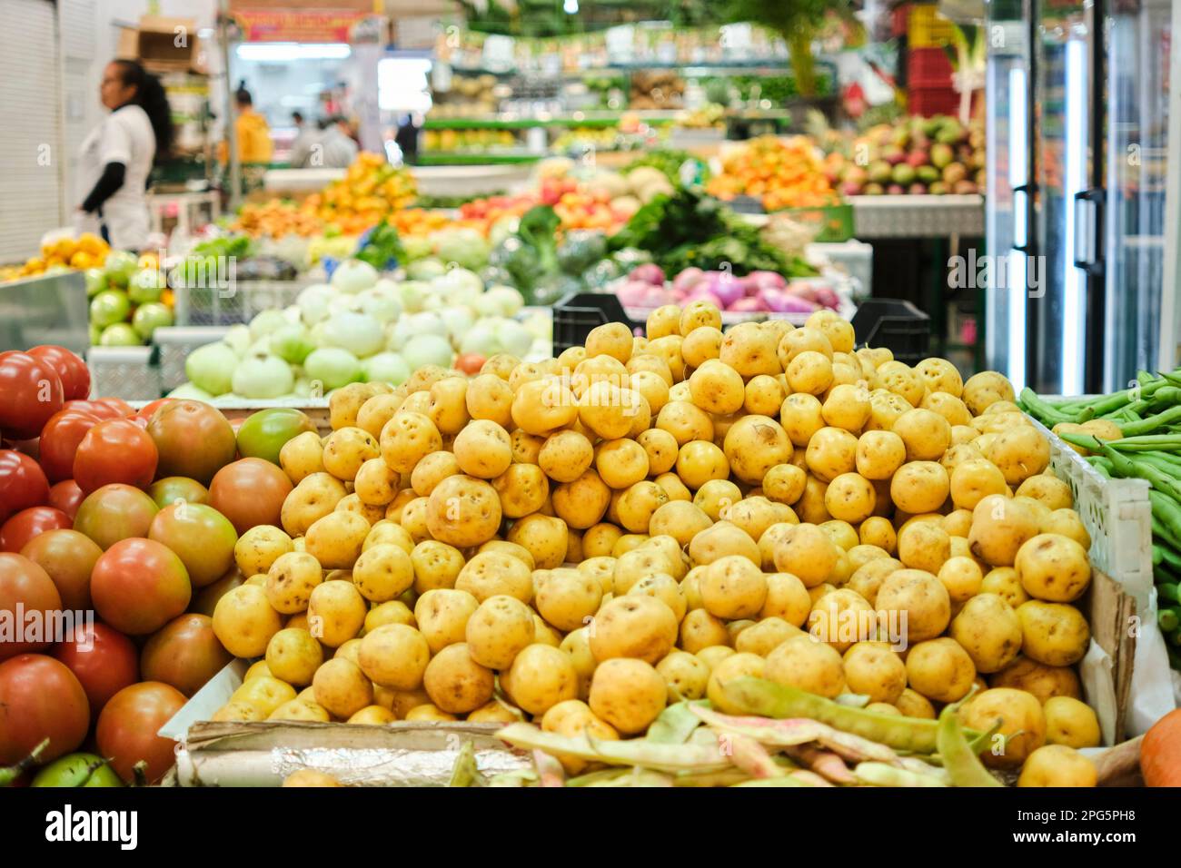 Pile of papa criolla, andean small, yellow, round potatoes in a greengrocery. Bright image with selective focus and copy space. Stock Photo