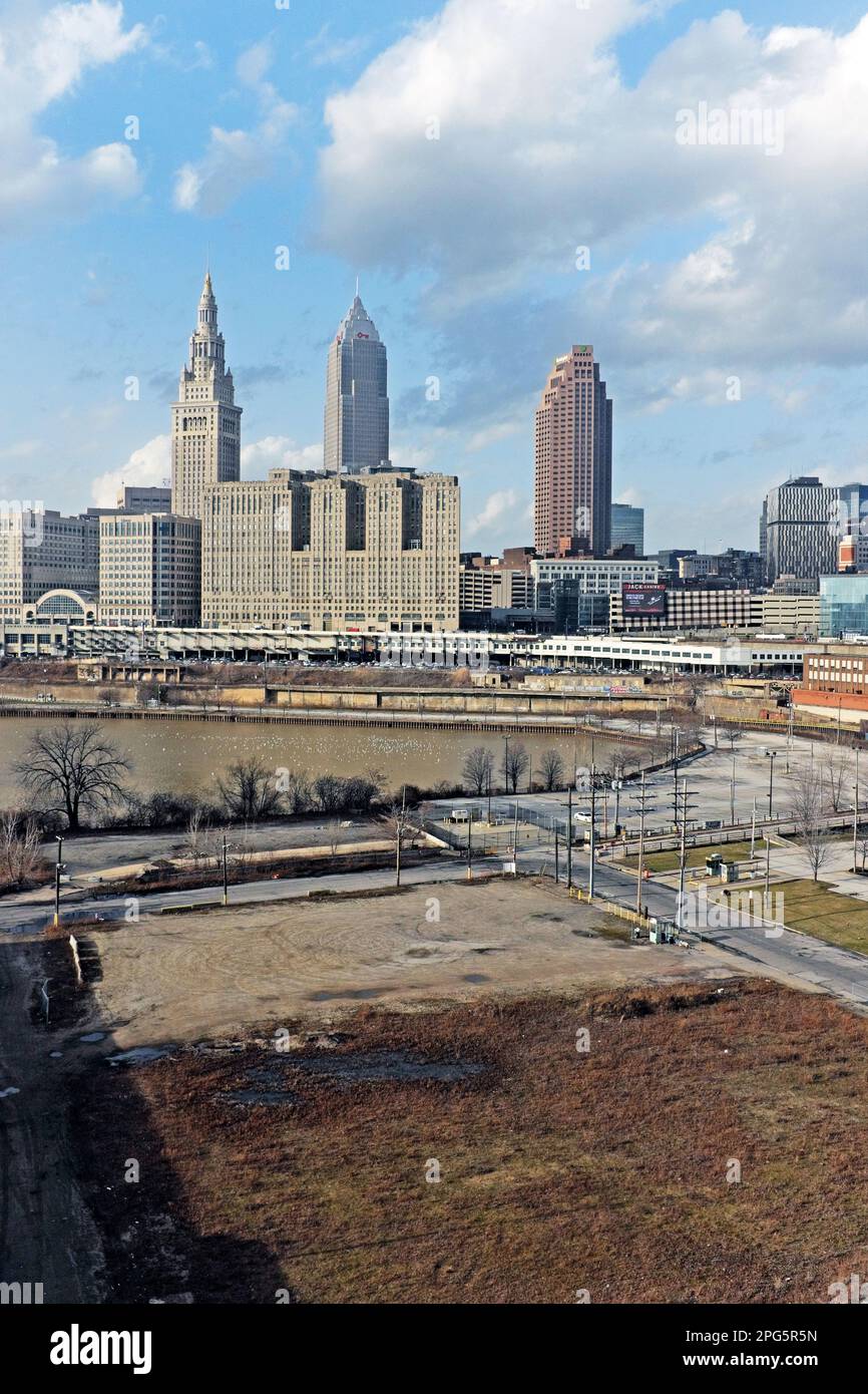 Cleveland skyline with the Cuyahoga River in the foreground viewed from the Hope Memorial Bridge on February 23, 2023. Stock Photo