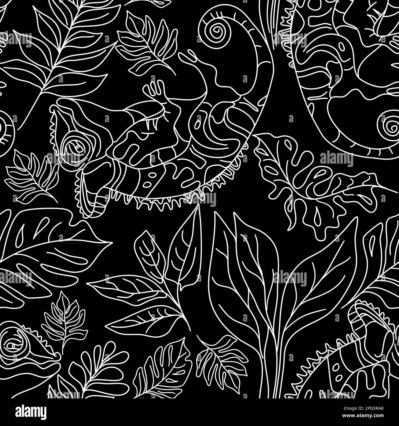 Seamless animalistic pattern with chameleons and tropical leaves on a black background vector illustration Stock Vector