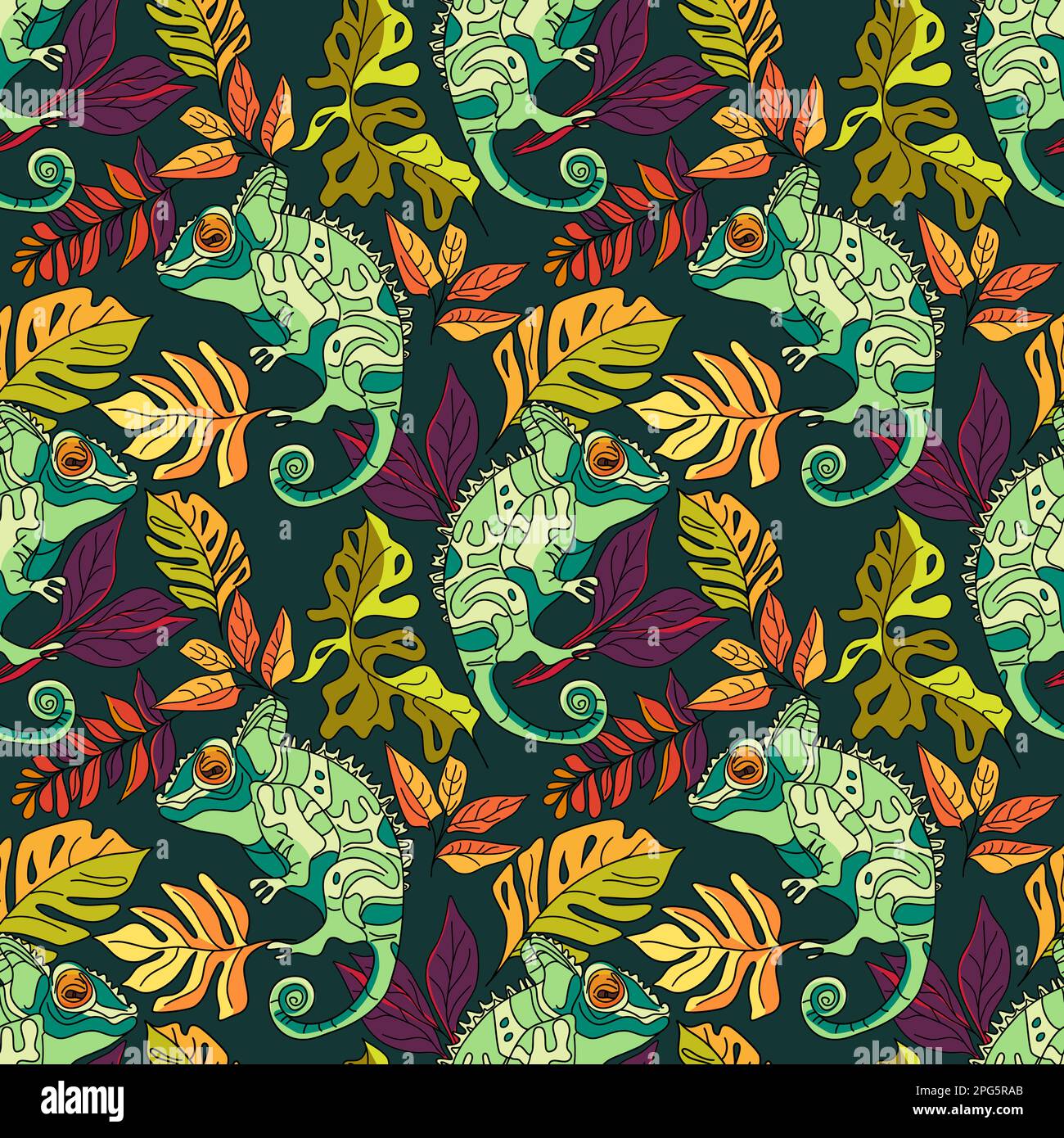 Seamless floral pattern with chameleons and tropical leaves vector illustration Stock Vector