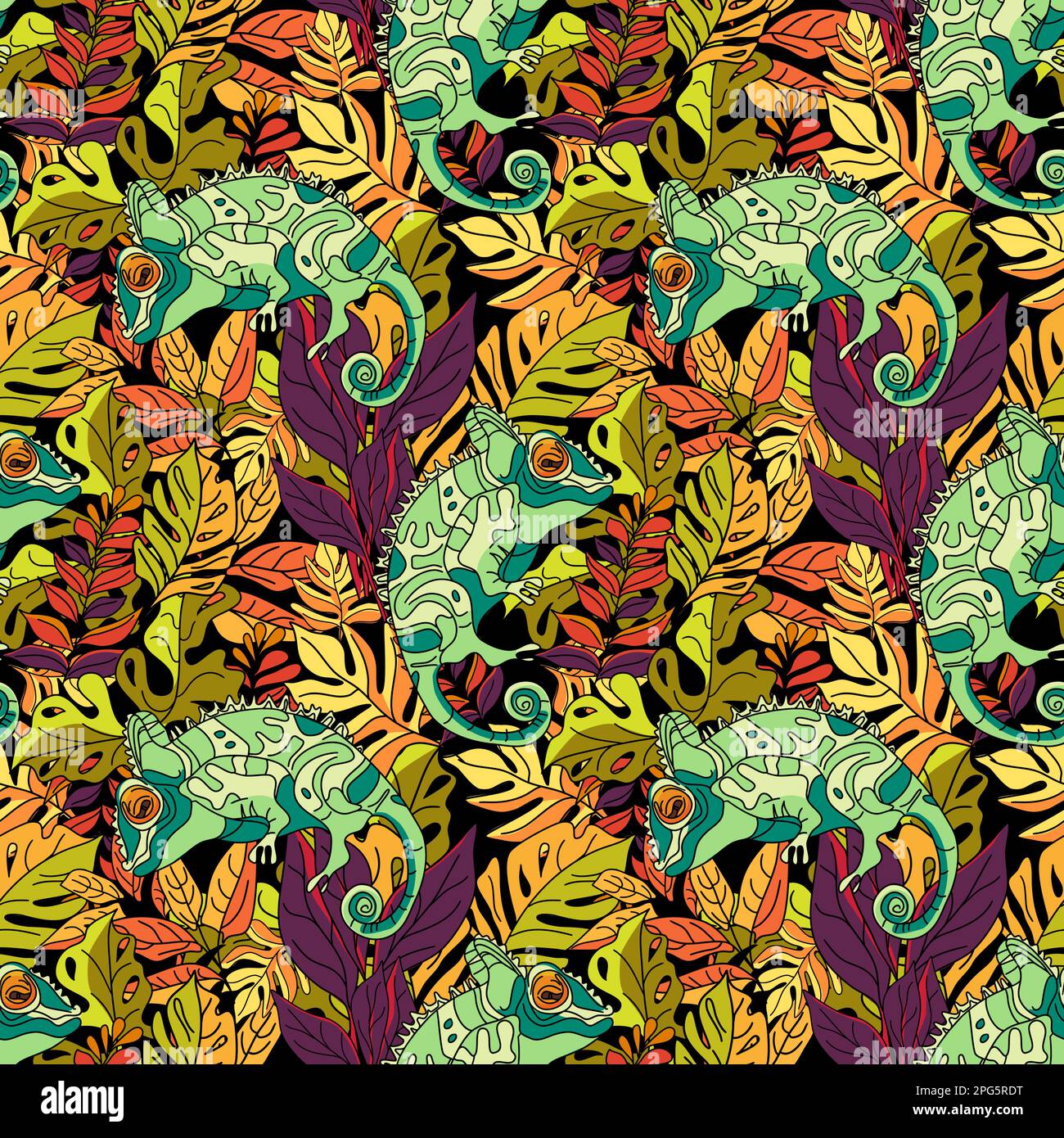 Seamless floral pattern with chameleons and tropical leaves vector illustration Stock Vector