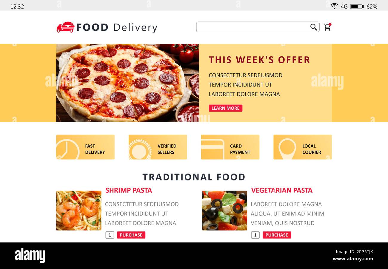Delivery In Menu Food delivery app. Display with appetizing menu Stock Photo - Alamy