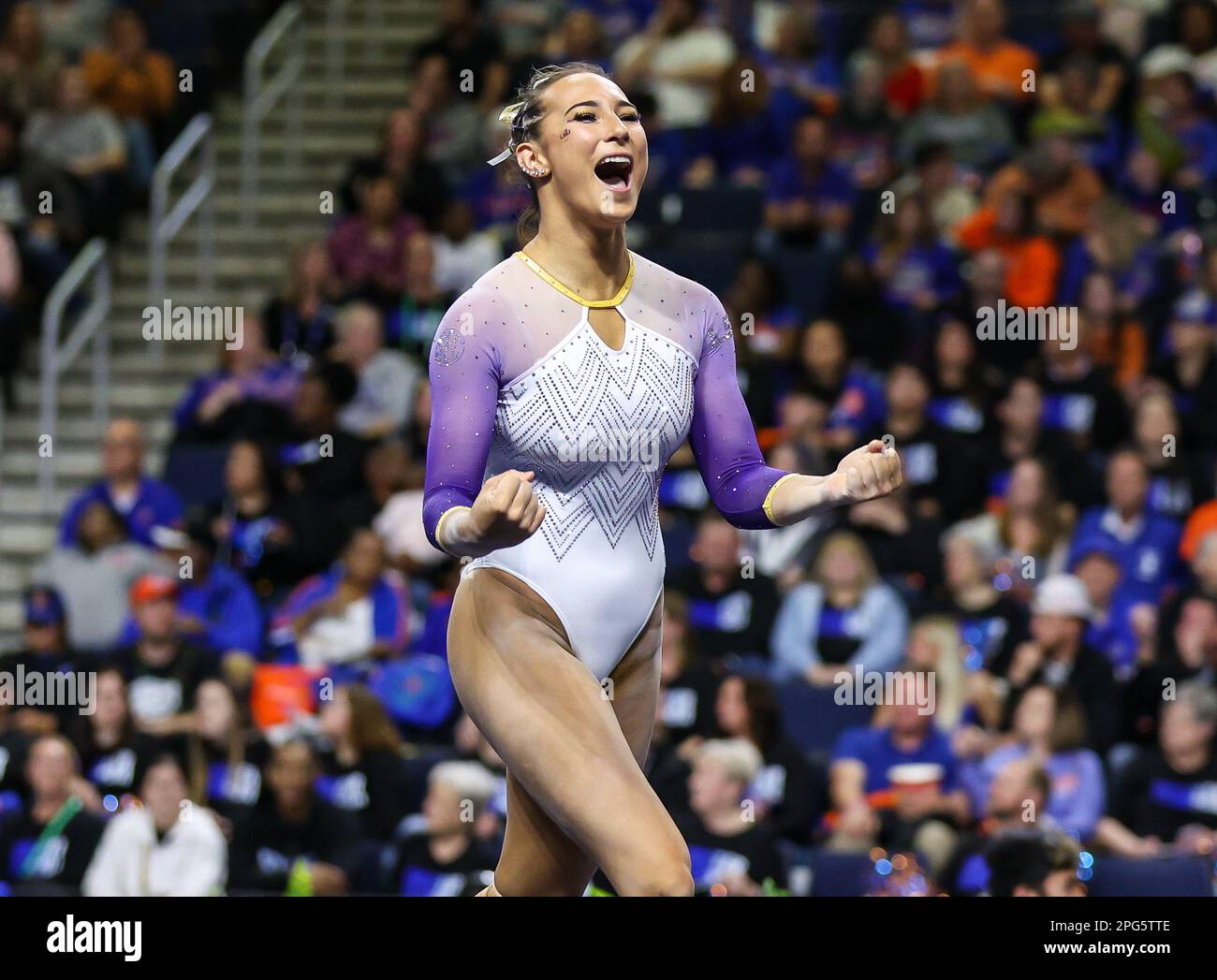 March 18, 2023 LSU's Alyona Shchennikova celebrates after finishing her floor routine at the