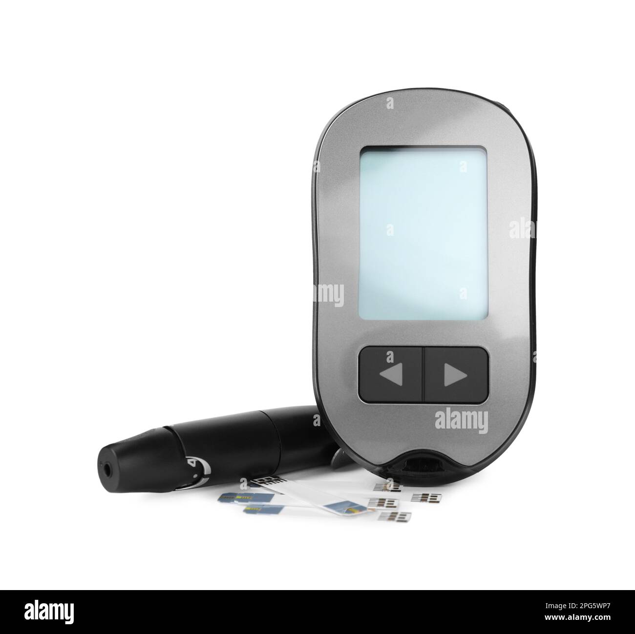 Digital lancet pen and test strips on white background