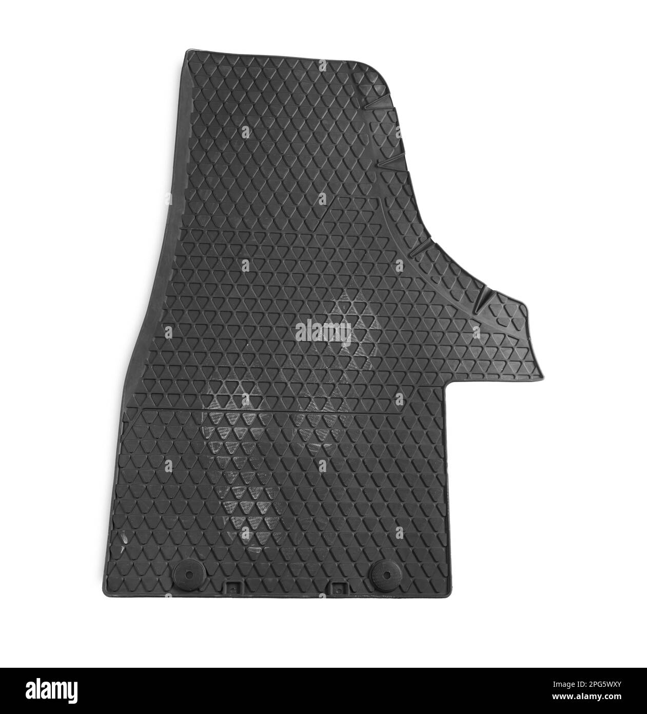 Black rubber car mat with footprints isolated on white, top view Stock