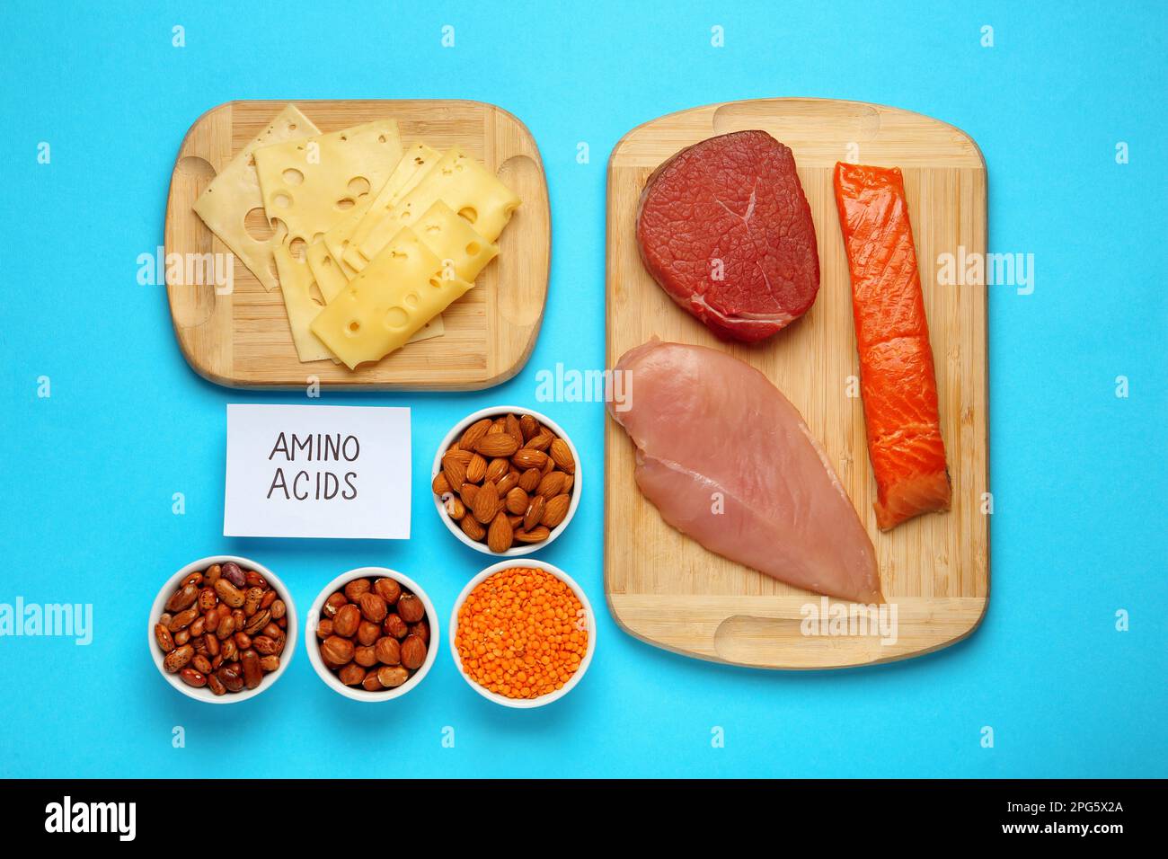 Different fresh products and paper with words Amino Acids on light blue background, flat lay