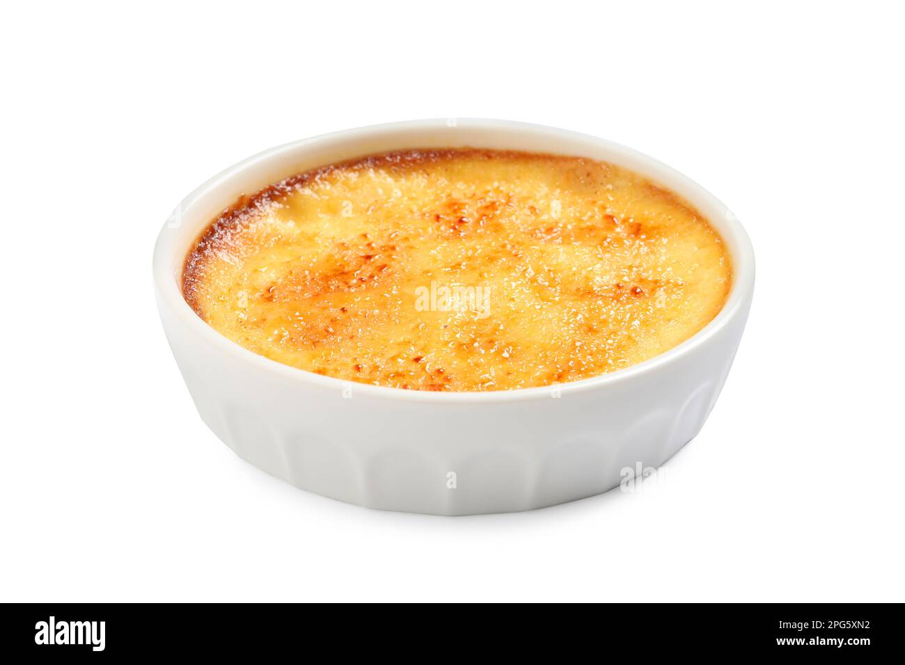 Delicious creme brulee in ceramic ramekin isolated on white Stock Photo