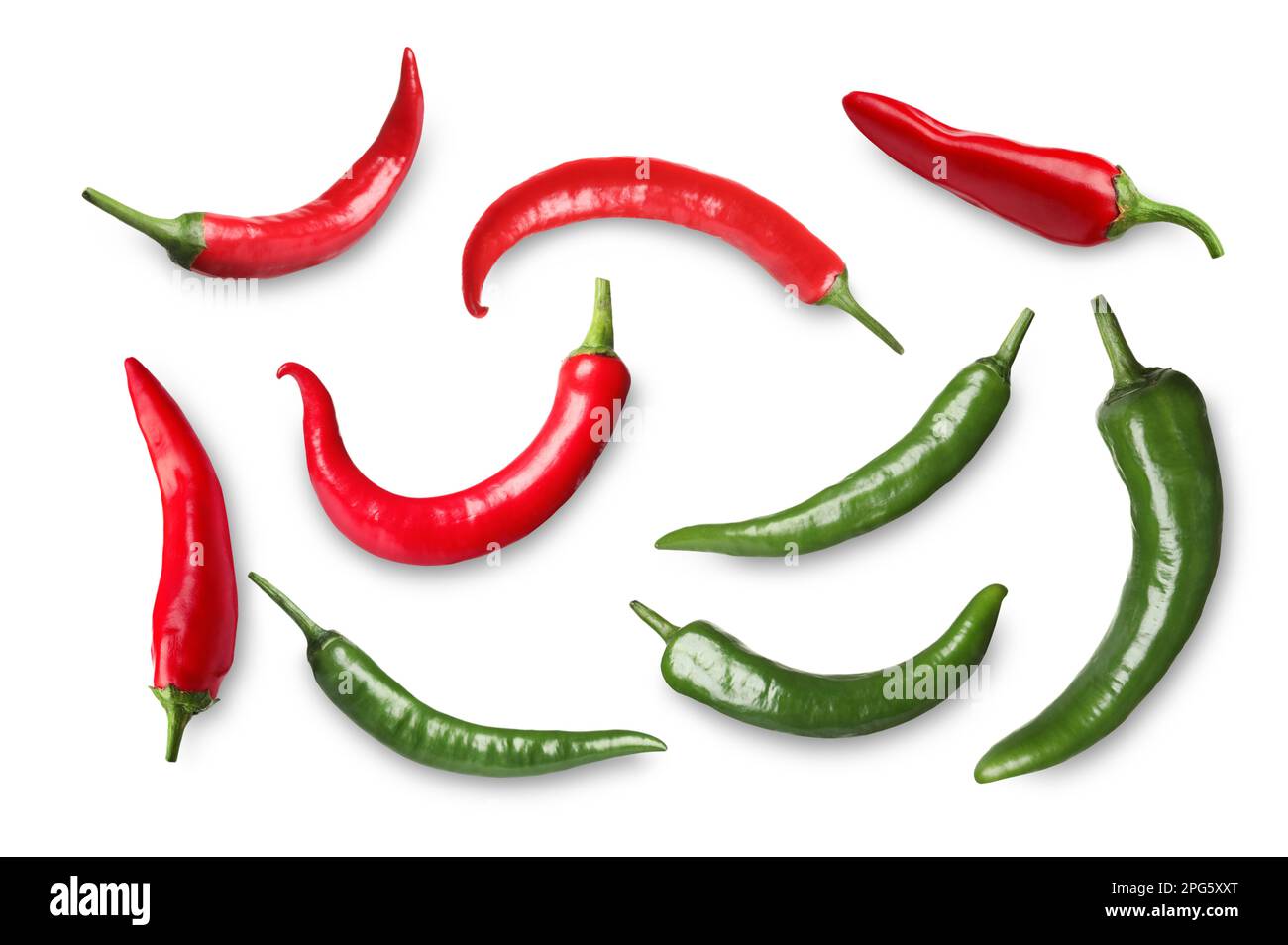 Set with red and green hot chili peppers on white background Stock ...