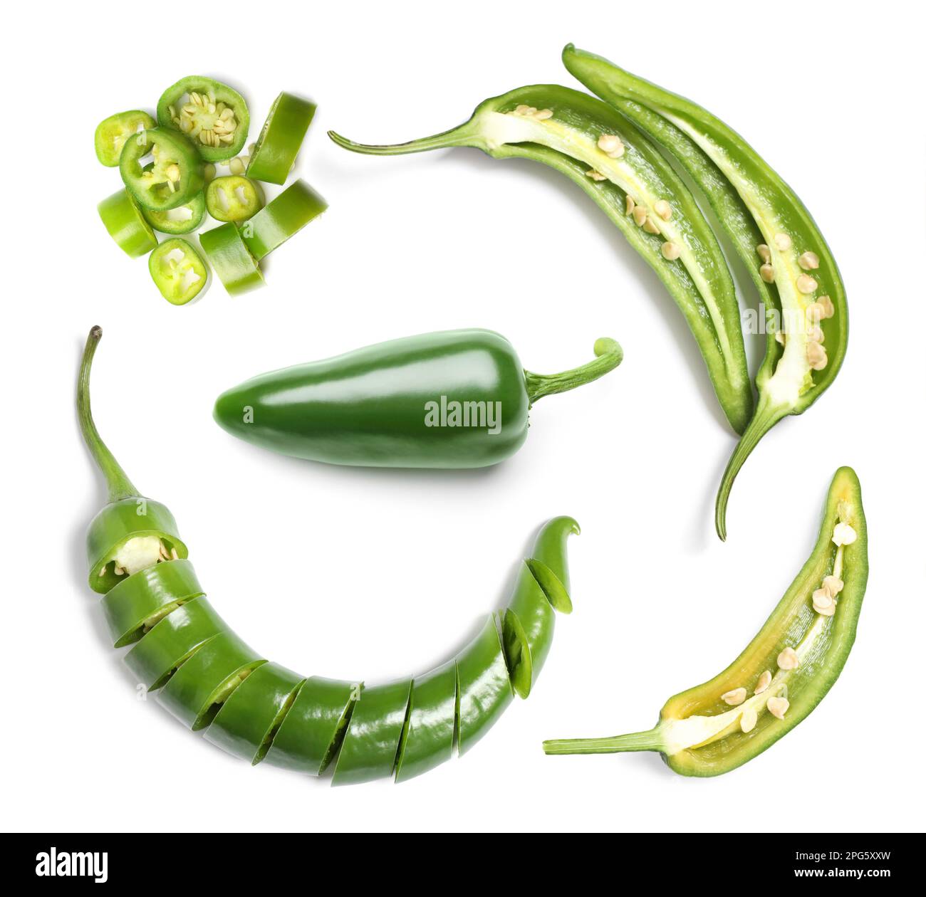 Set with green hot chili peppers on white background, top view Stock ...