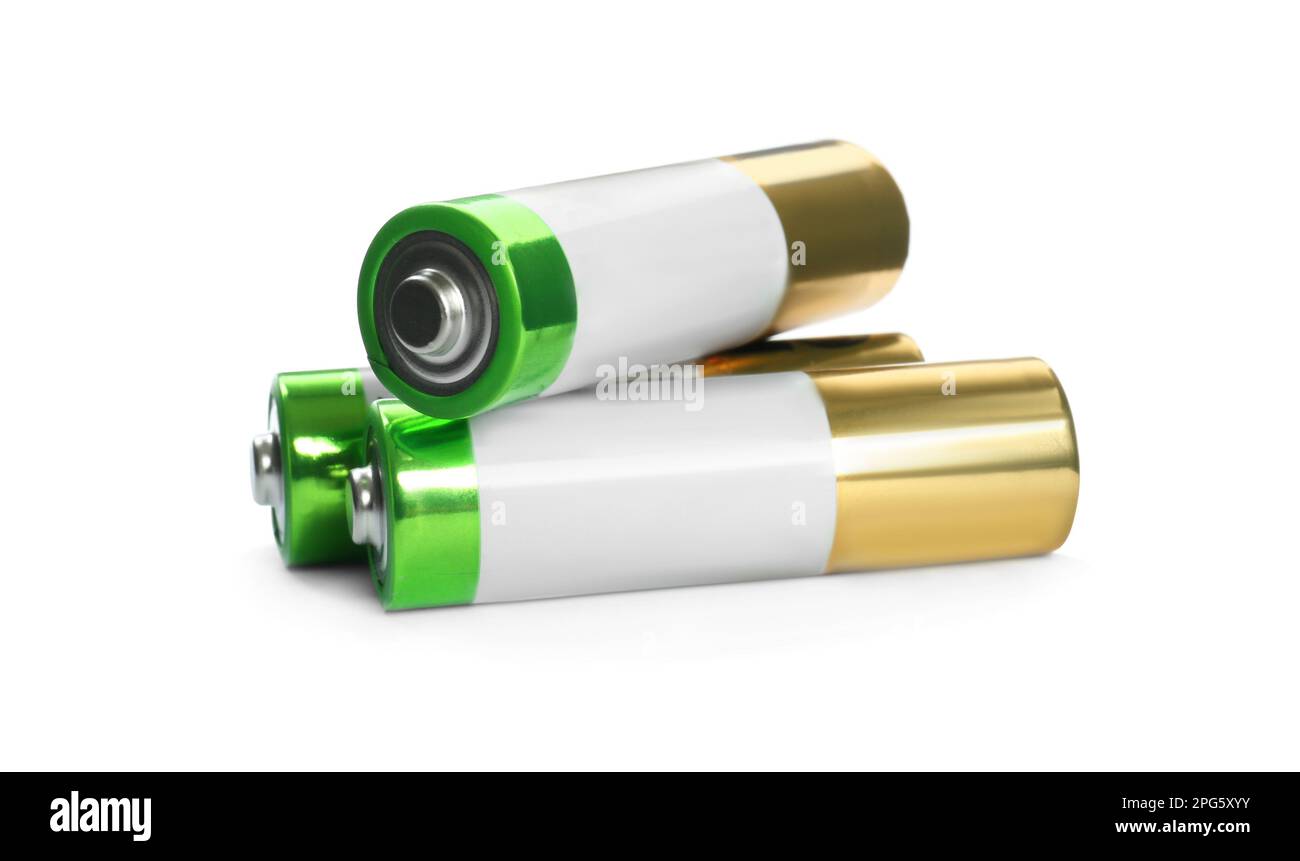 New AA batteries on white background. Dry cell Stock Photo Alamy