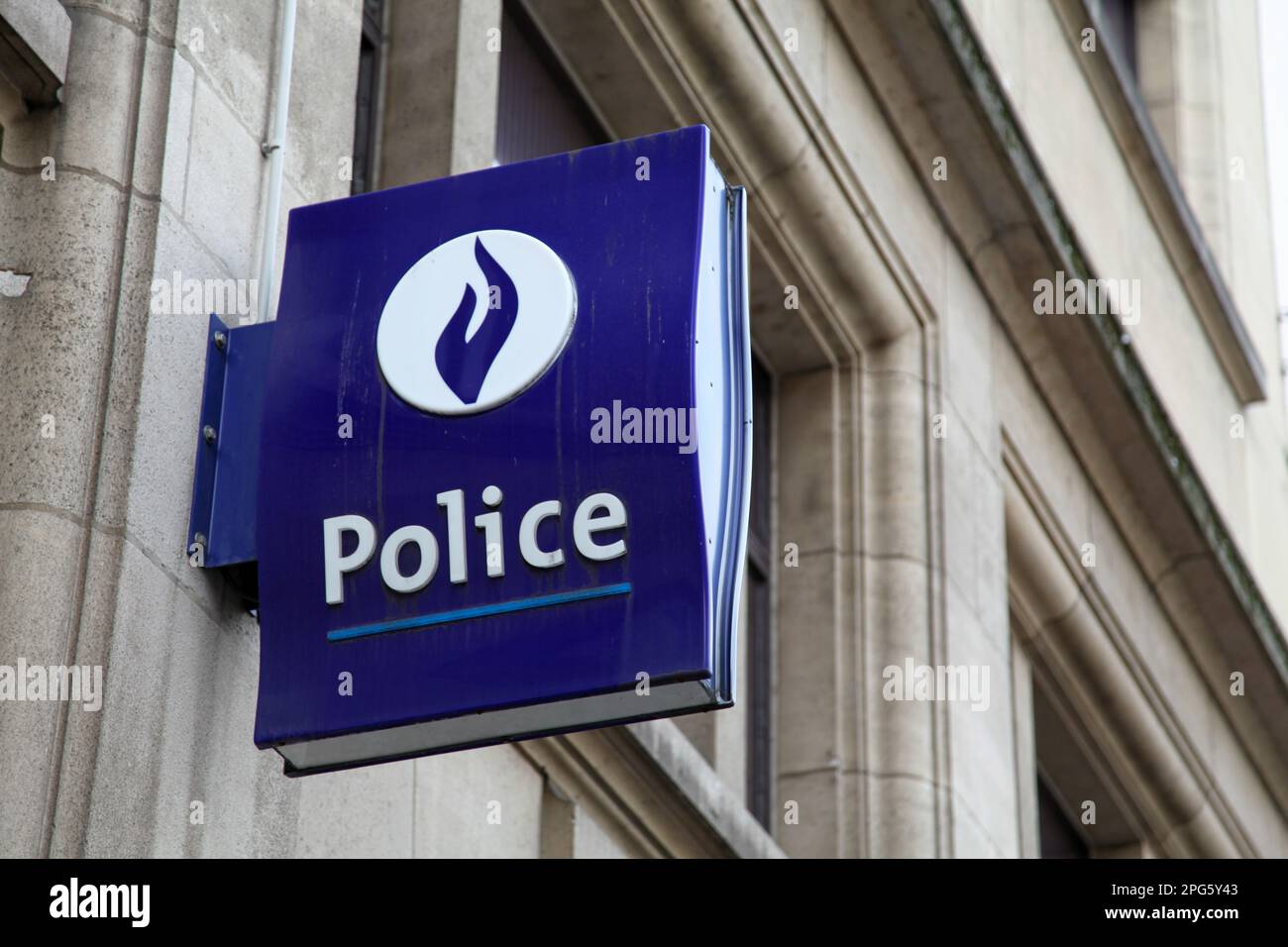 Brussels, Belgium - August 26 2017: Blue sign of the Federal Police (French: Police Fédérale). They carry out specialized and supra-local administrati Stock Photo