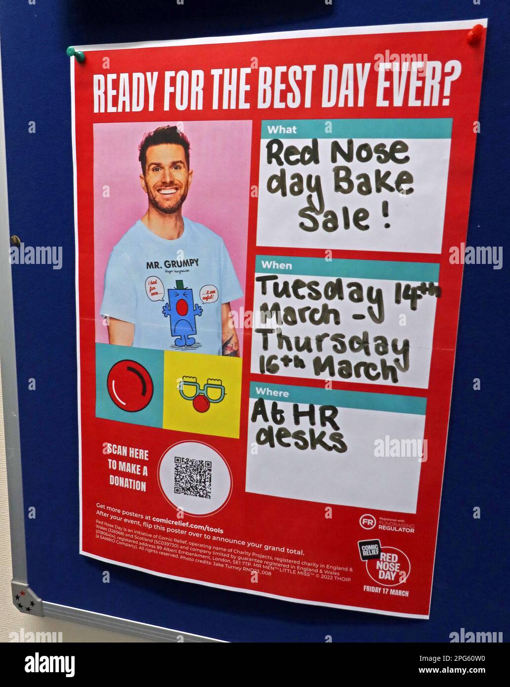 Comic Relief Red Nose Day poster, March, Ready For The Best Day Ever? - Red Nose Bake Sale, at a workplace, make a donation Stock Photo
